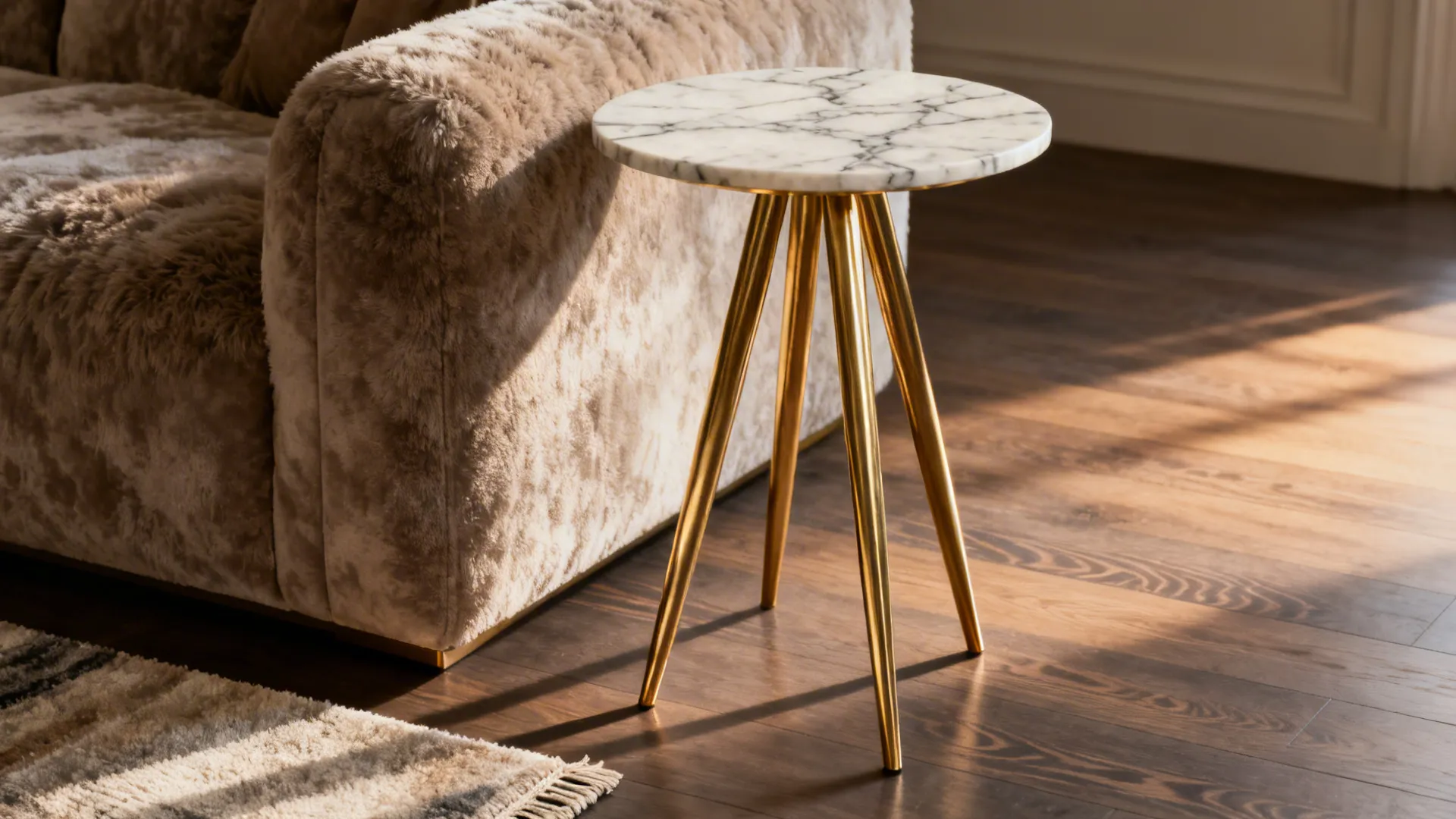 Round marble side table with three gold metal legs standing on a dark wood floor