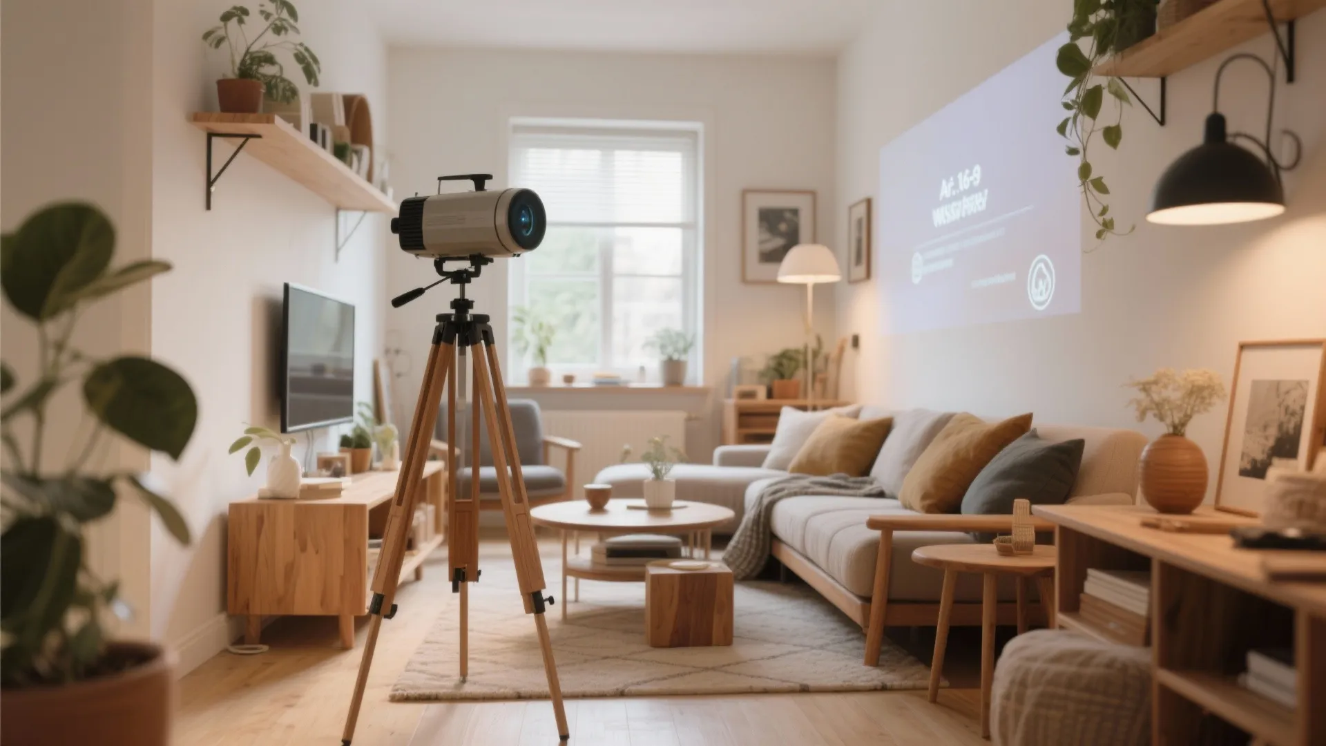 Adjustable tripod-mounted projector in a small adaptable living room