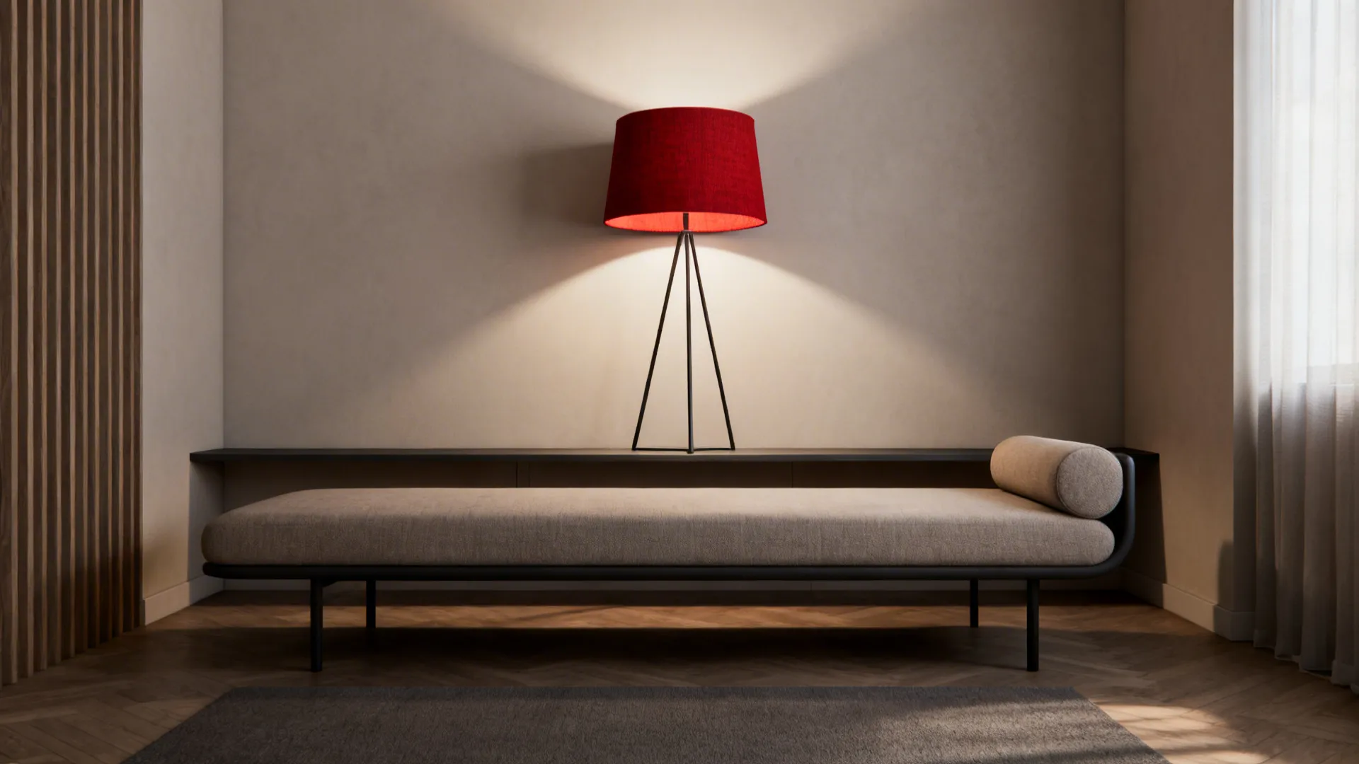 Compact tripod floor lamp with a red fabric shade behind a slim sofa in a narrow living room.