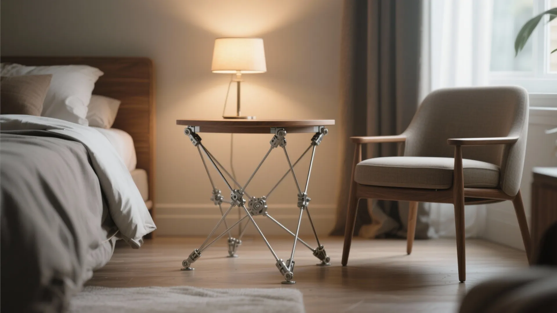 Small round wooden side table with metal legs standing between a bed and a chair