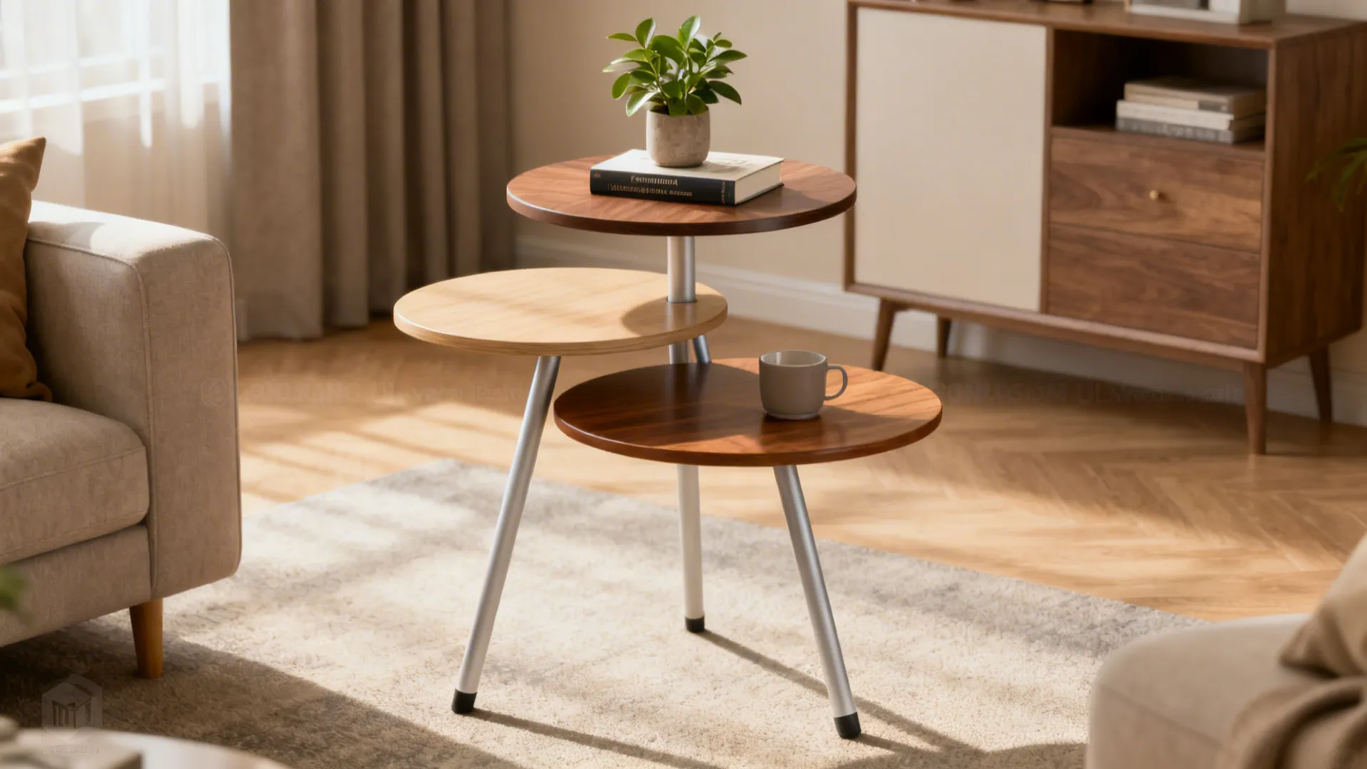Multi-tiered tripod side table with staggered tiers holding plant, book, and cup in a small apartment.