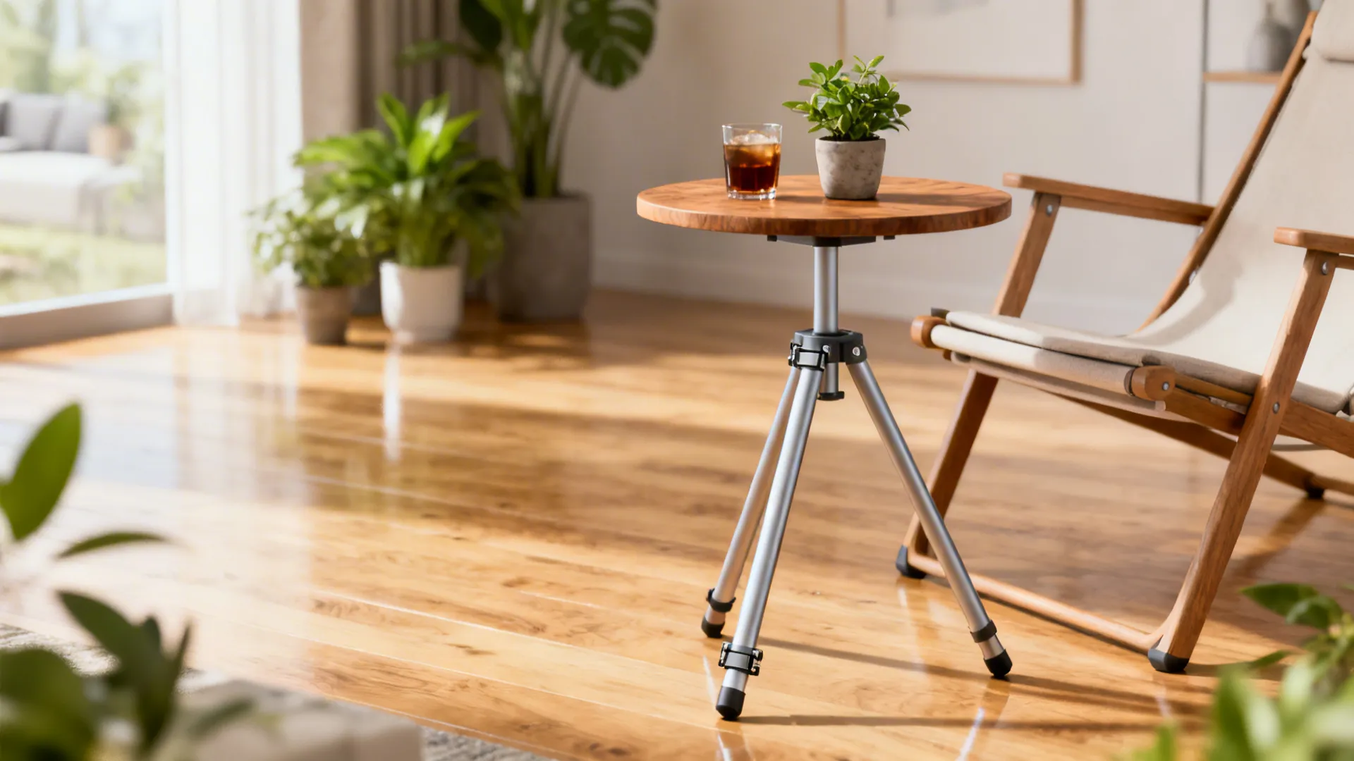 Foldable tripod side table with metal legs and wooden top beside a lounge chair