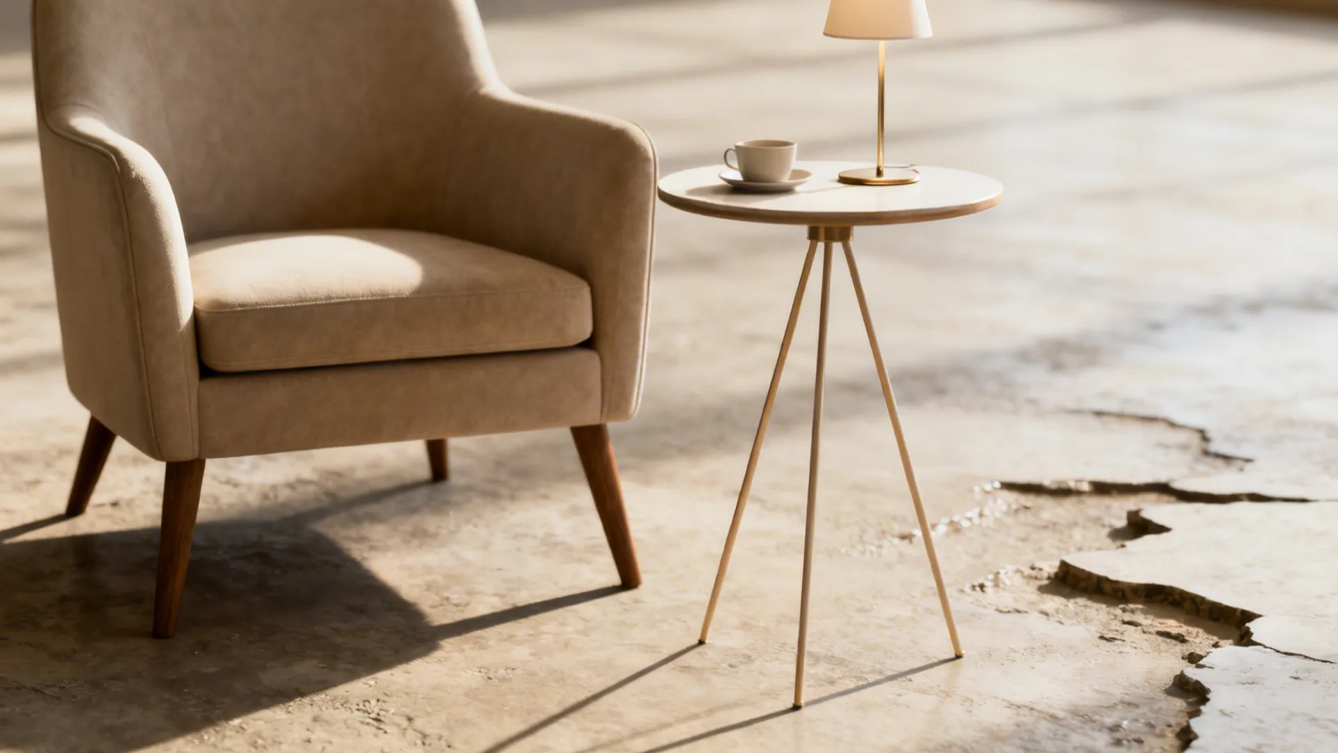 Round white tripod side table with small lamp and coffee cup next to a beige armchair