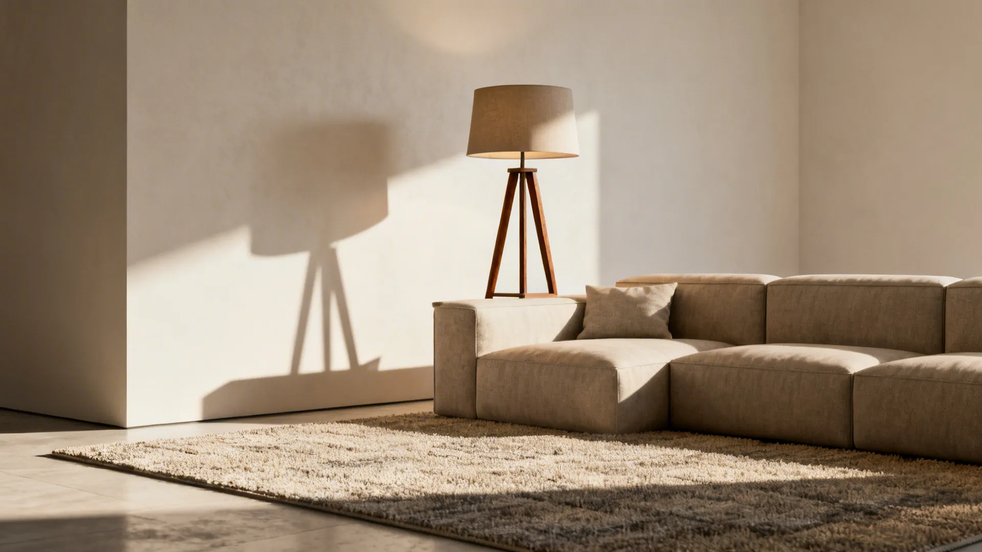 Tripod tall table lamp anchoring a sectional corner in a modern living room