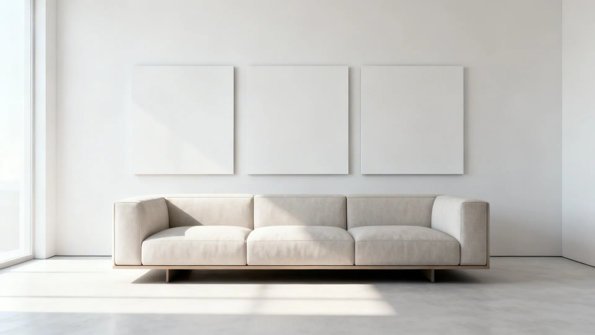 Horizontal triptych panels evenly spaced above a sofa, making the room feel wider.