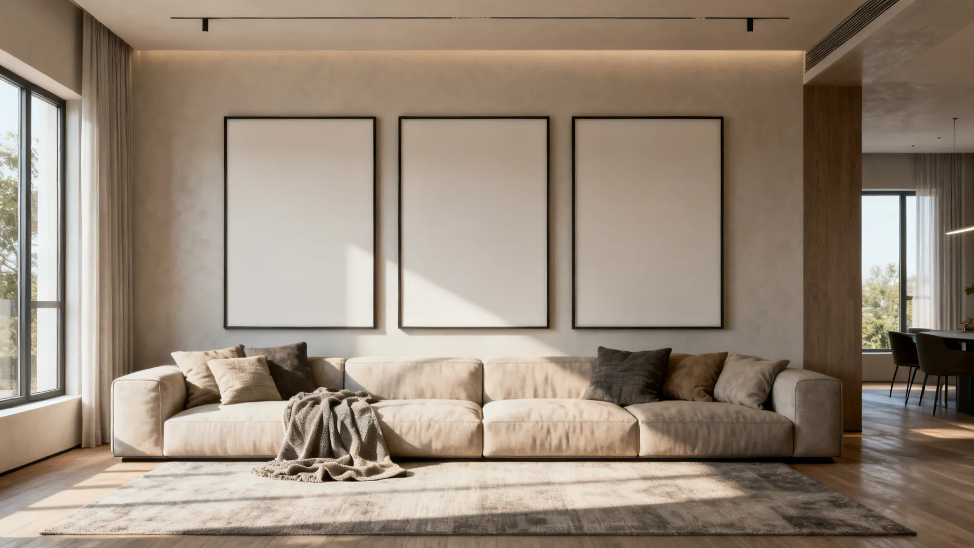 Open-plan living room with a three-panel triptych above the sofa, evenly spaced and aligned.