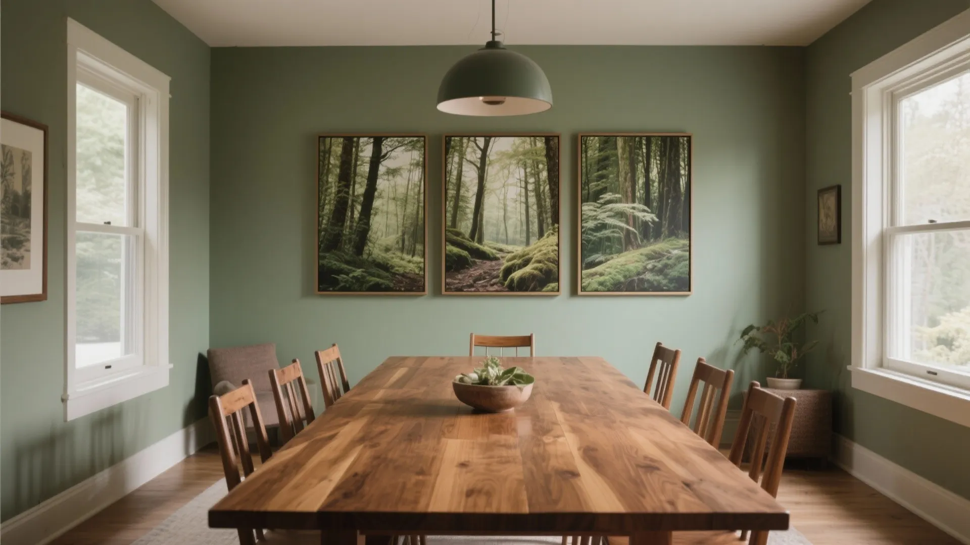 Dining room with green walls wooden table and three forest wall art pieces under ceiling light