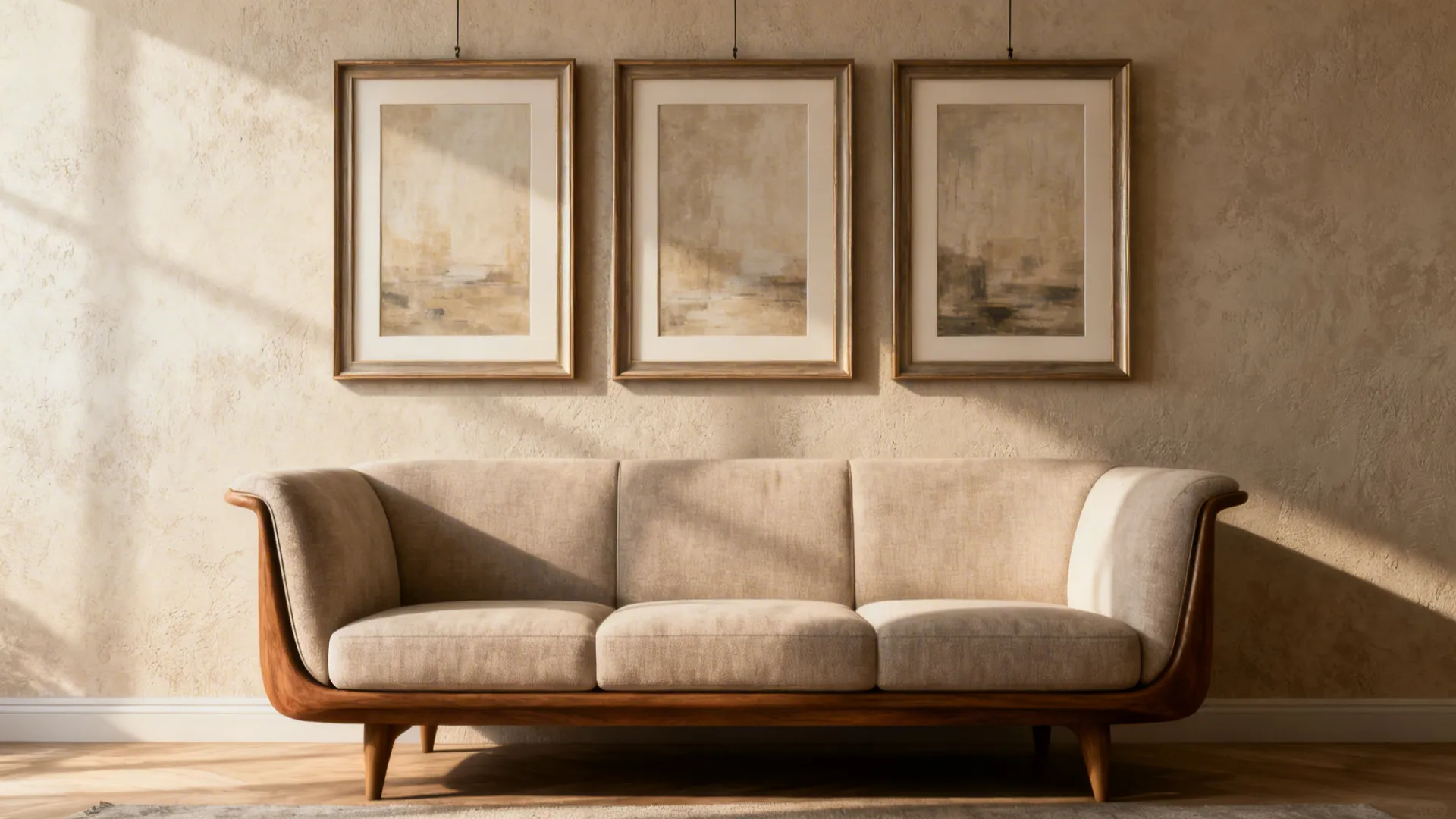 Three-panel triptych above a sofa with even spacing and gallery-like balance.