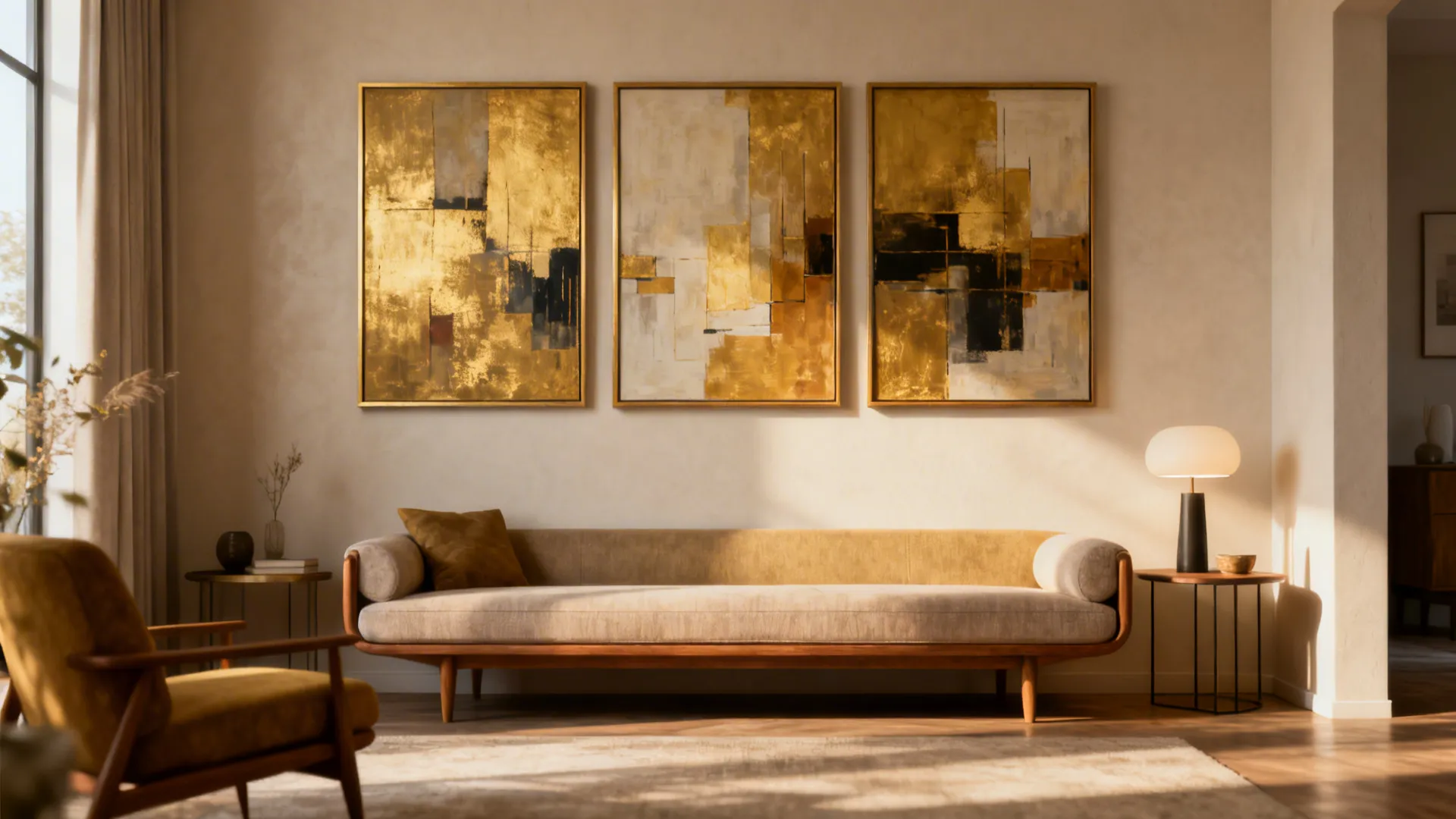 Narrow living room with a neatly aligned three-panel abstract triptych above the sofa creating rhythm and horizontal flow.