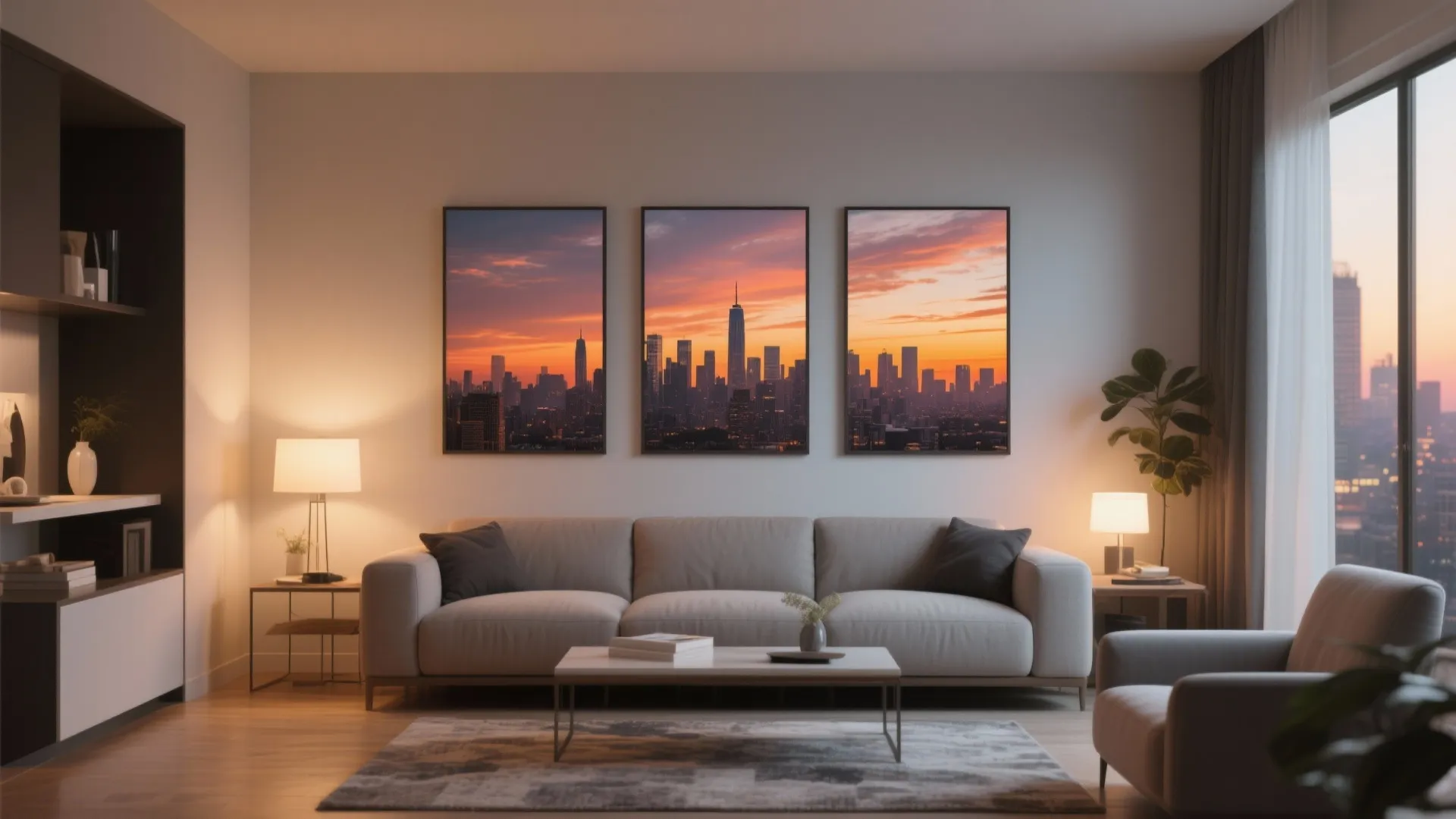 Sunset skyline triptych canvas in a modern city apartment