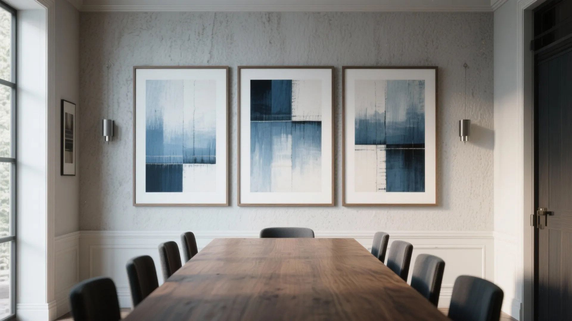 Long dining wall with a three-panel triptych above a wooden table, creating visual rhythm.