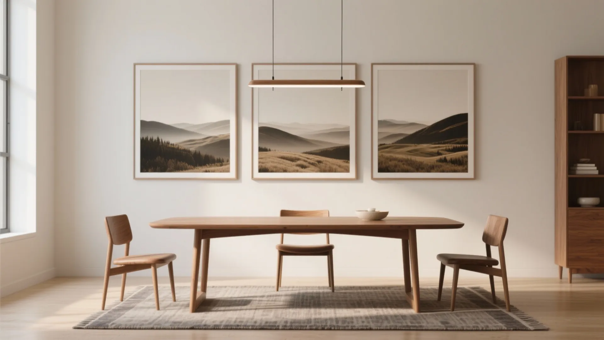 Three-panel triptych landscape above a mid-century dining table with even spacing and balanced composition.