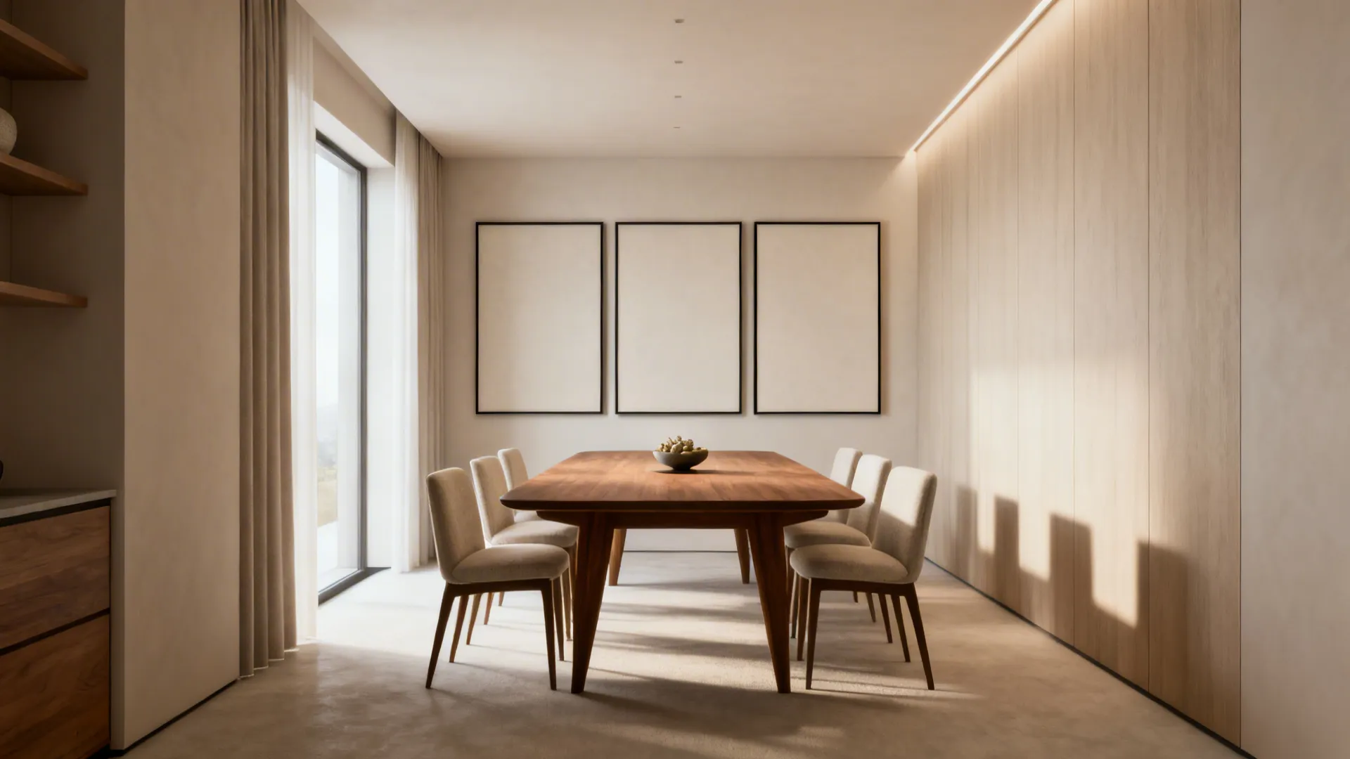 狭长餐厅中三联画按节奏排列，视觉上拓宽空间并与餐桌协调