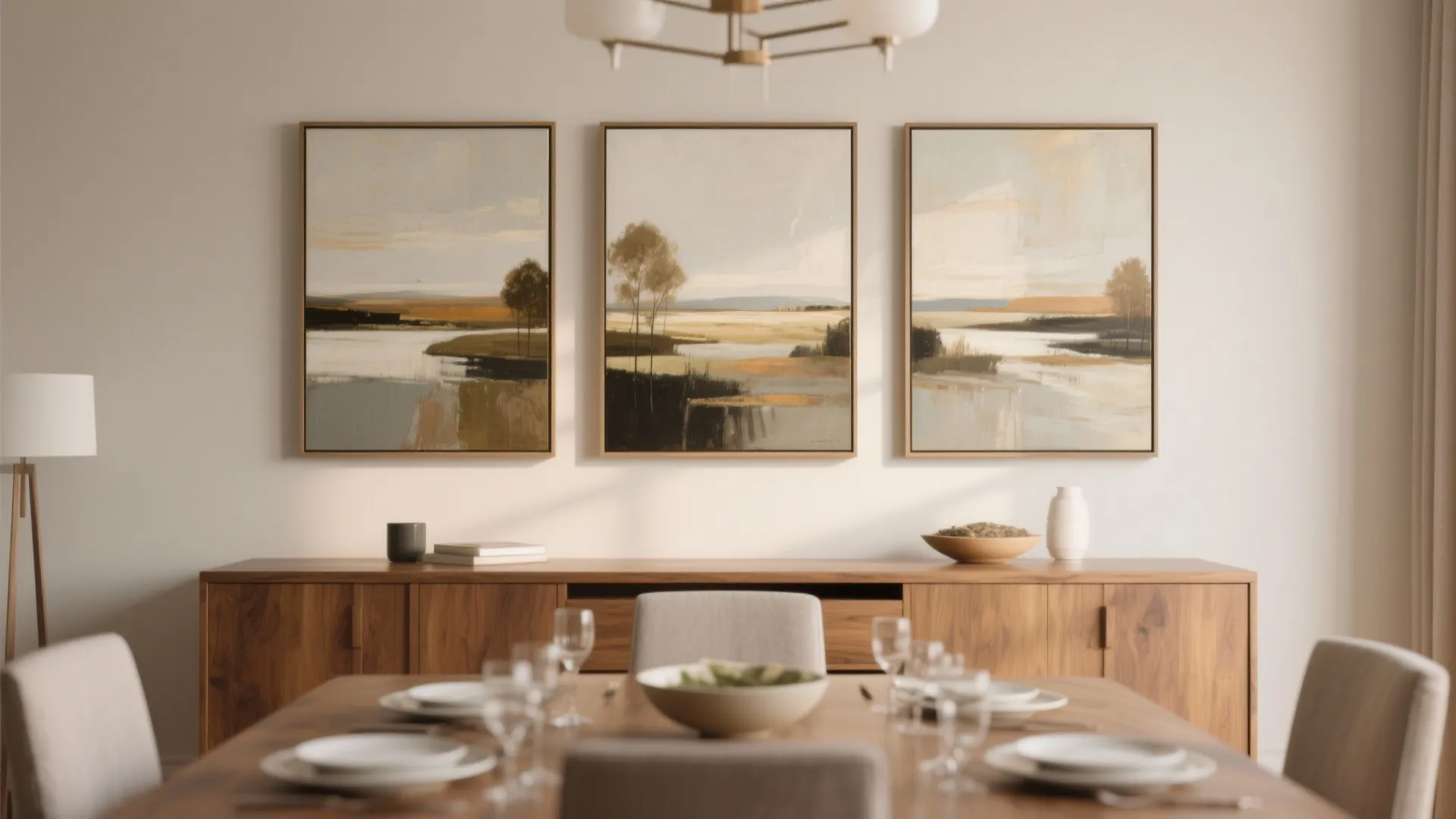 Dining wall with modern triptych art above buffet table