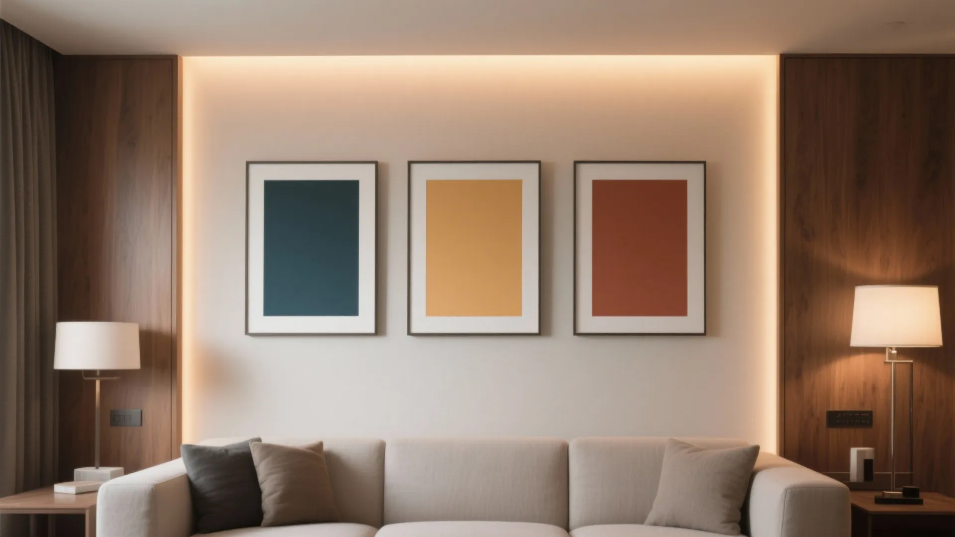Color-Block Triptych with Floating Frames and Soft Light