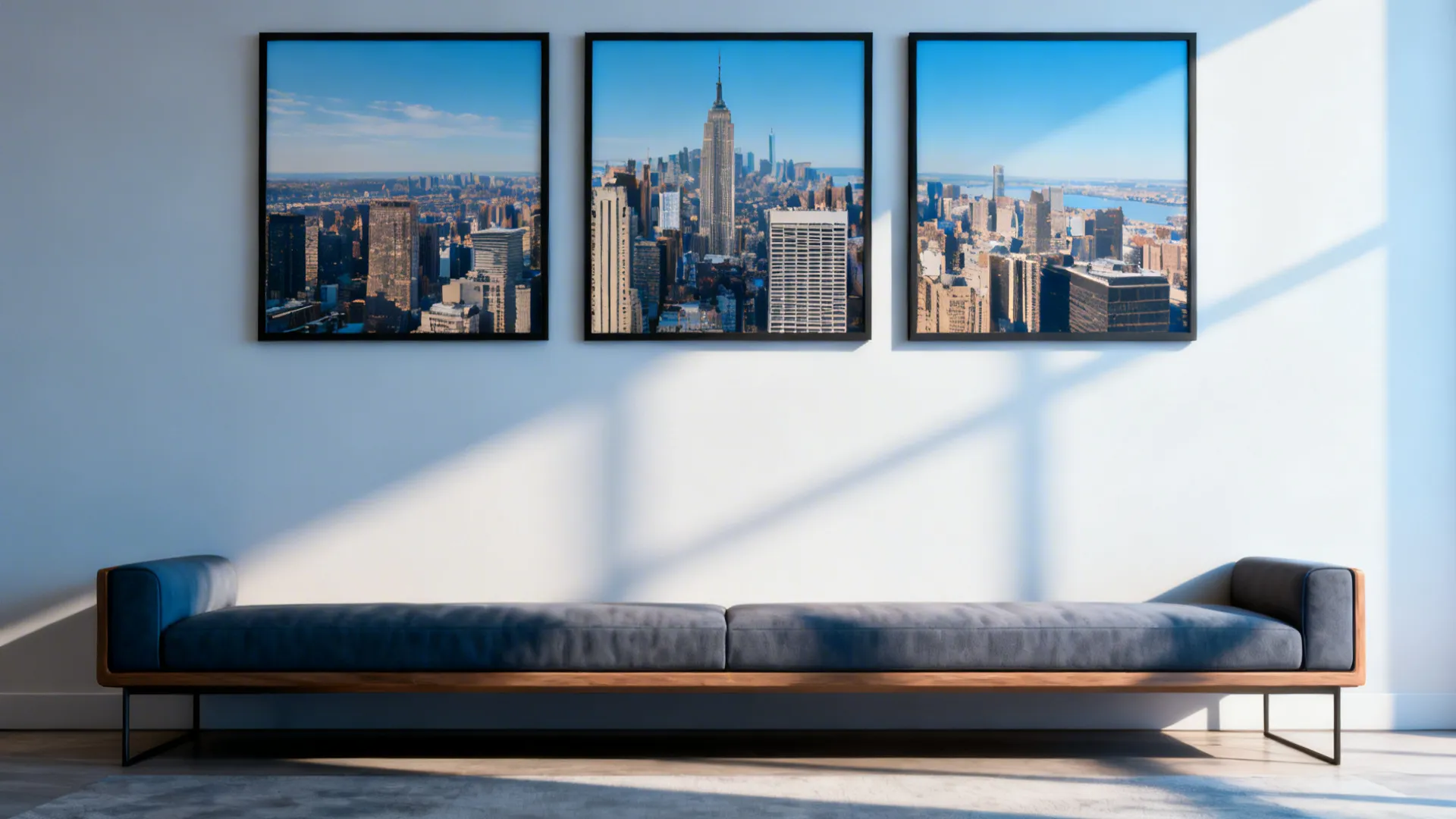 Living room wall with a three-panel triptych cityscape hung evenly above a sofa, modern minimalist look.