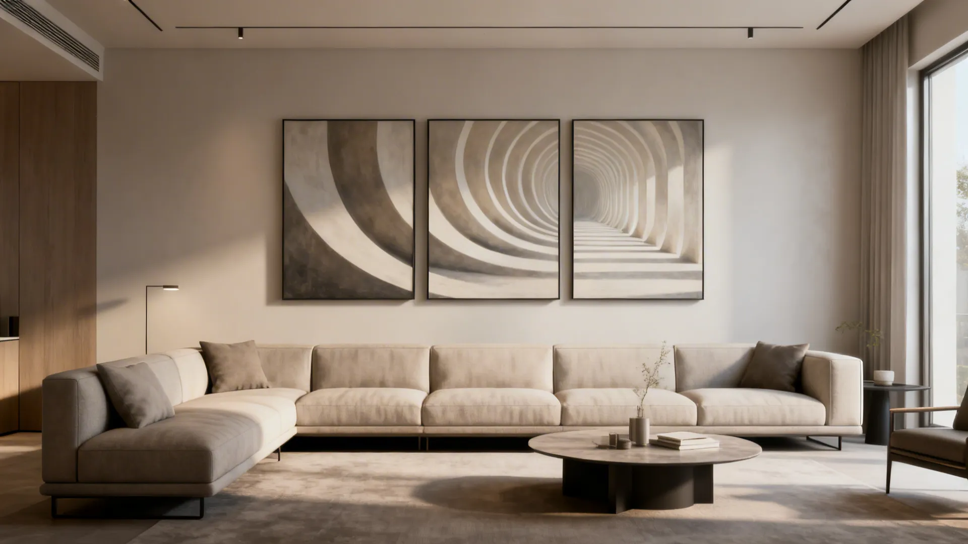 Living room with a three-panel triptych artwork aligned above a long sofa creating visual rhythm.