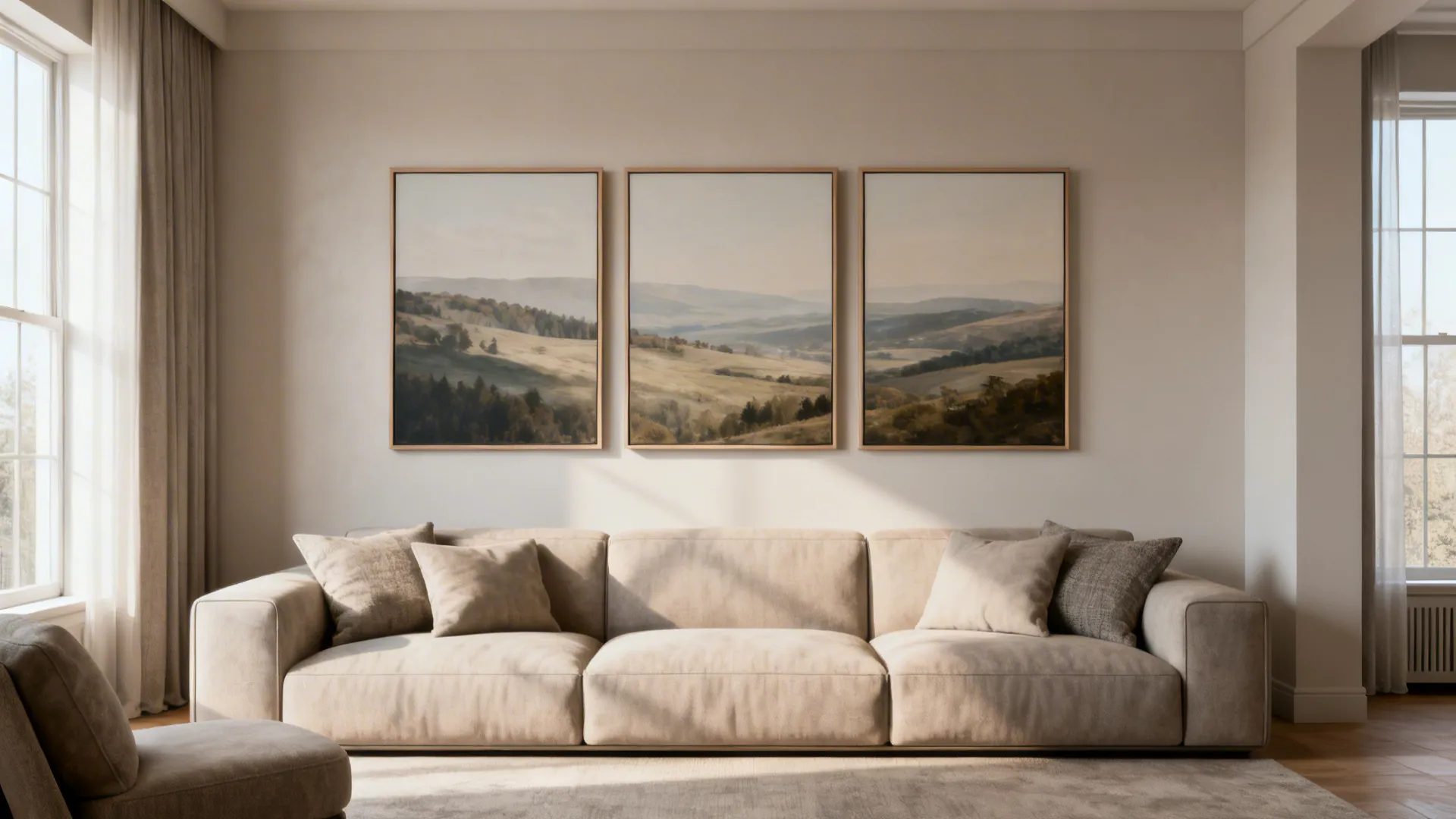 Three-panel landscape triptych evenly spaced above a sofa, making the room appear wider.