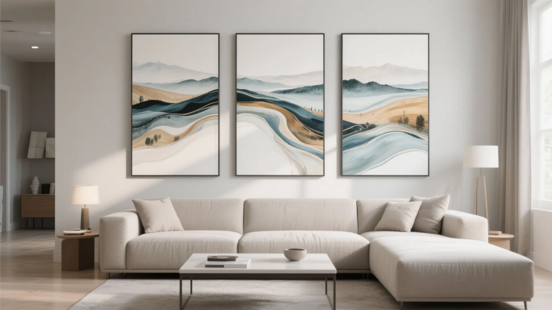 Long living room wall with three aligned triptych panel artworks