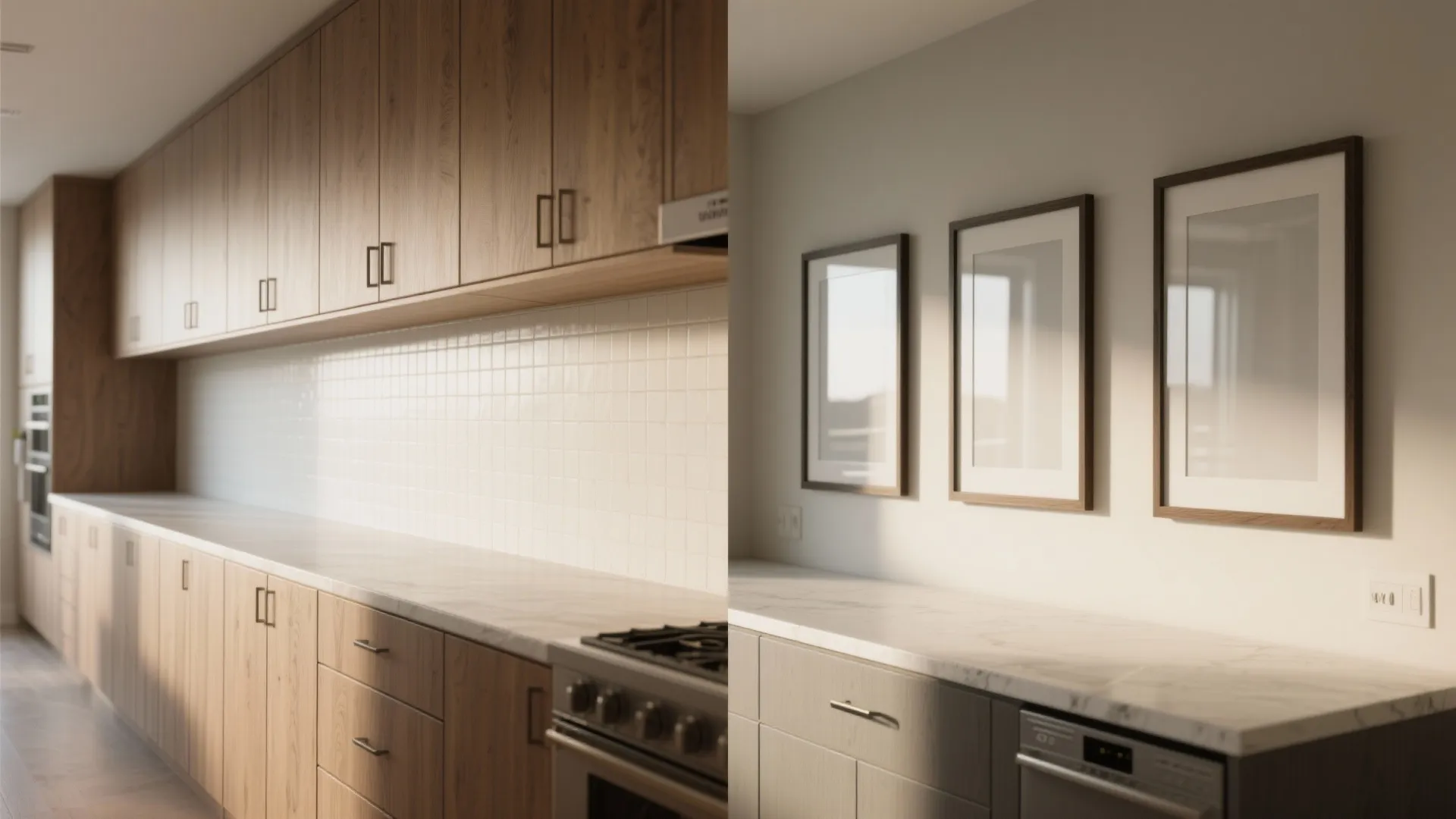 Comparison of wood kitchen cabinets and a light wall decorated with three matching picture frames