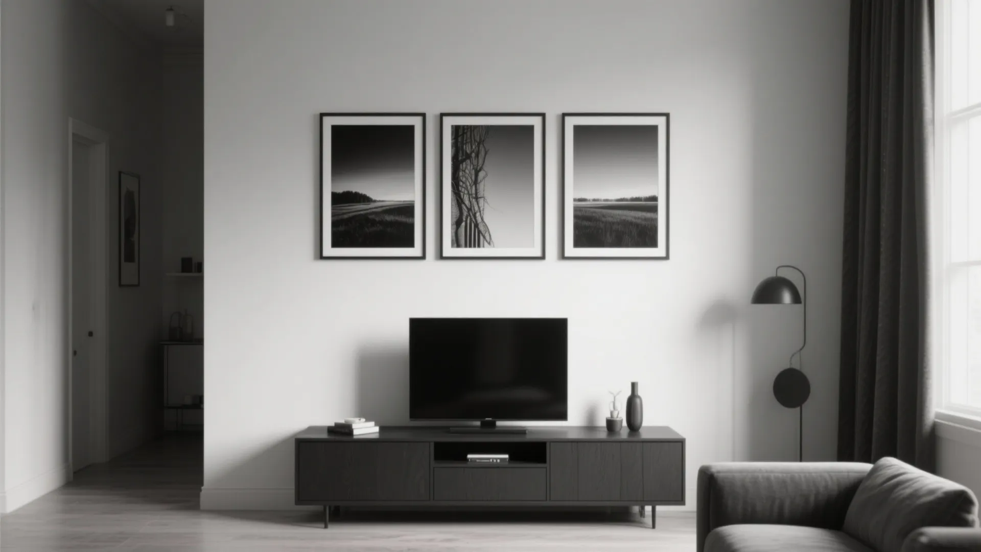 Modern living room featuring three black framed landscape pictures hanging above a dark wooden cabinet