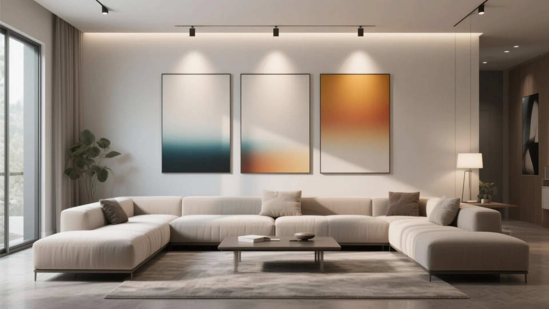 A long living room wall filled by a three-panel triptych, aligned and lit evenly above low seating.