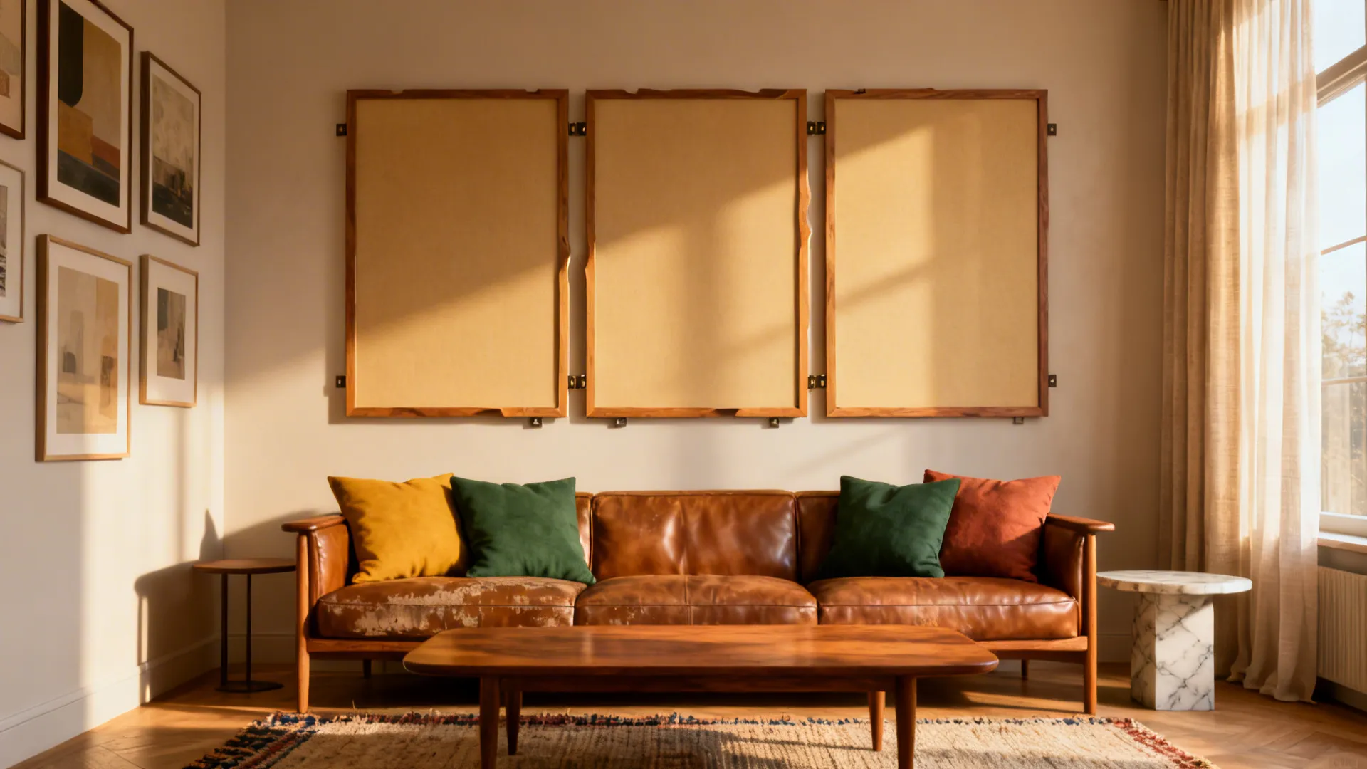 Living room with a three-panel triptych above a sofa, panels spaced slightly uneven for a relaxed gallery feel.