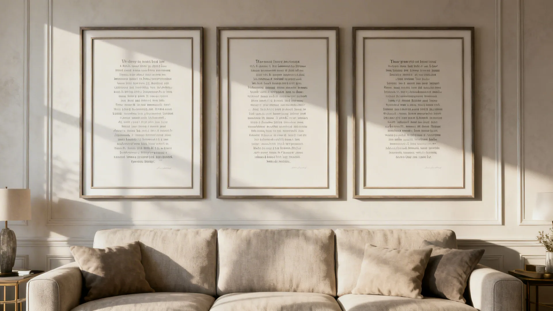 Triptych scripture panels evenly spaced above a sofa with consistent framing and neutral decor.