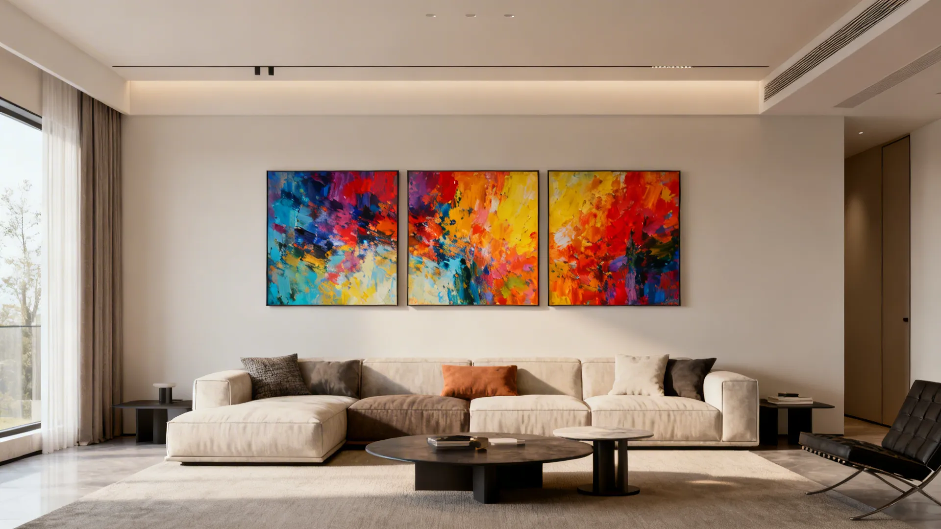 Triptych panels aligned above a long couch creating a rhythmic modern look.