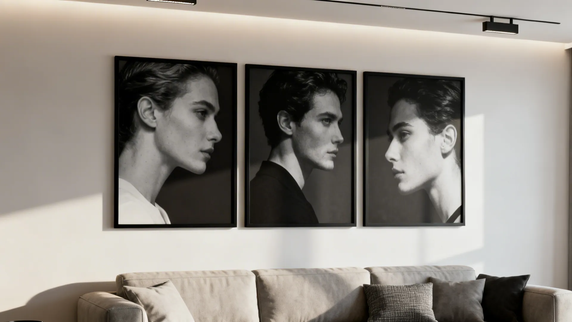 Modern triptych photograph above a sofa creating a dramatic, cohesive focal point.