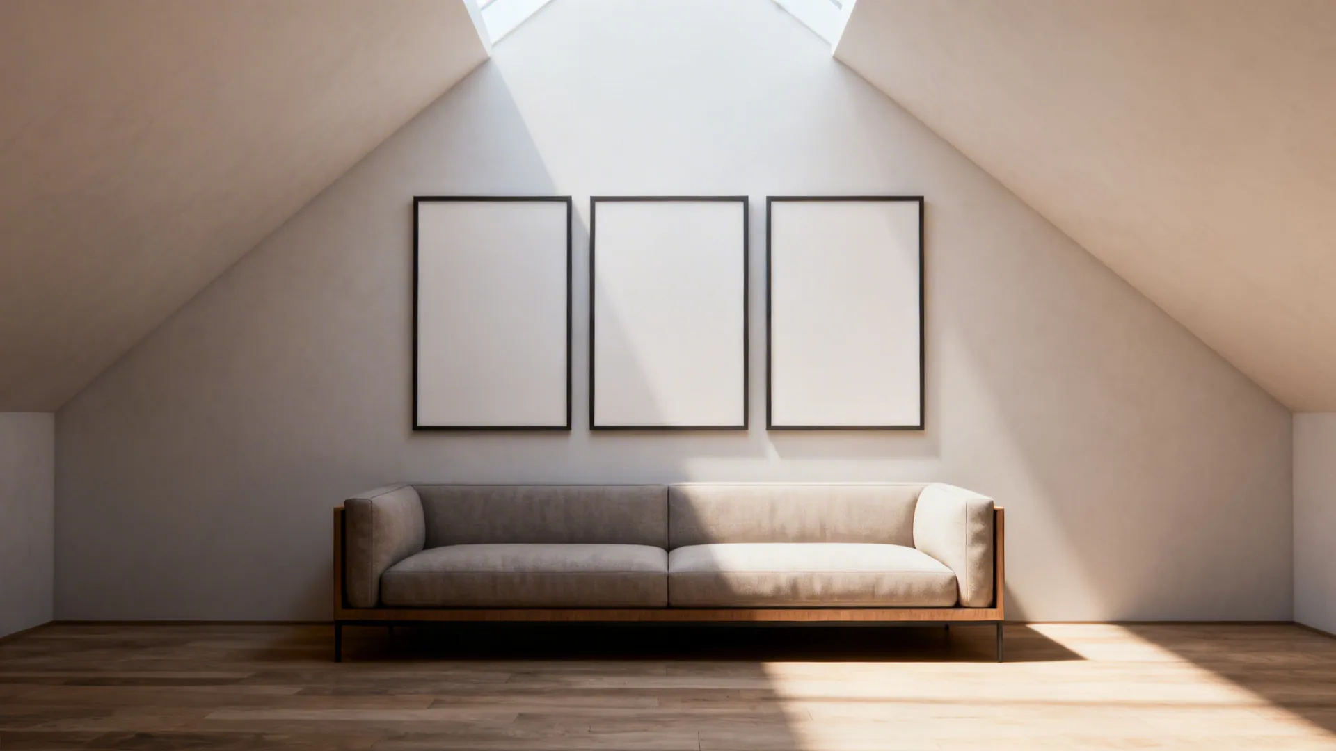 Three-panel triptych above a narrow sofa creating a sense of width and height.