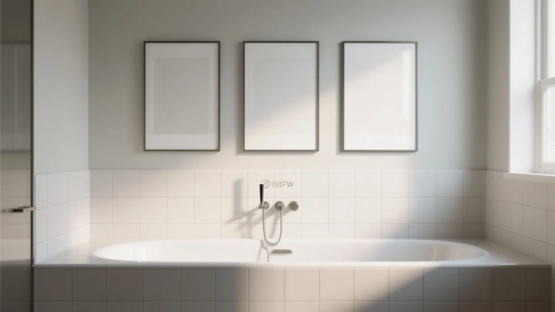 White bathtub with silver faucet under three empty picture frames on a white tiled wall space