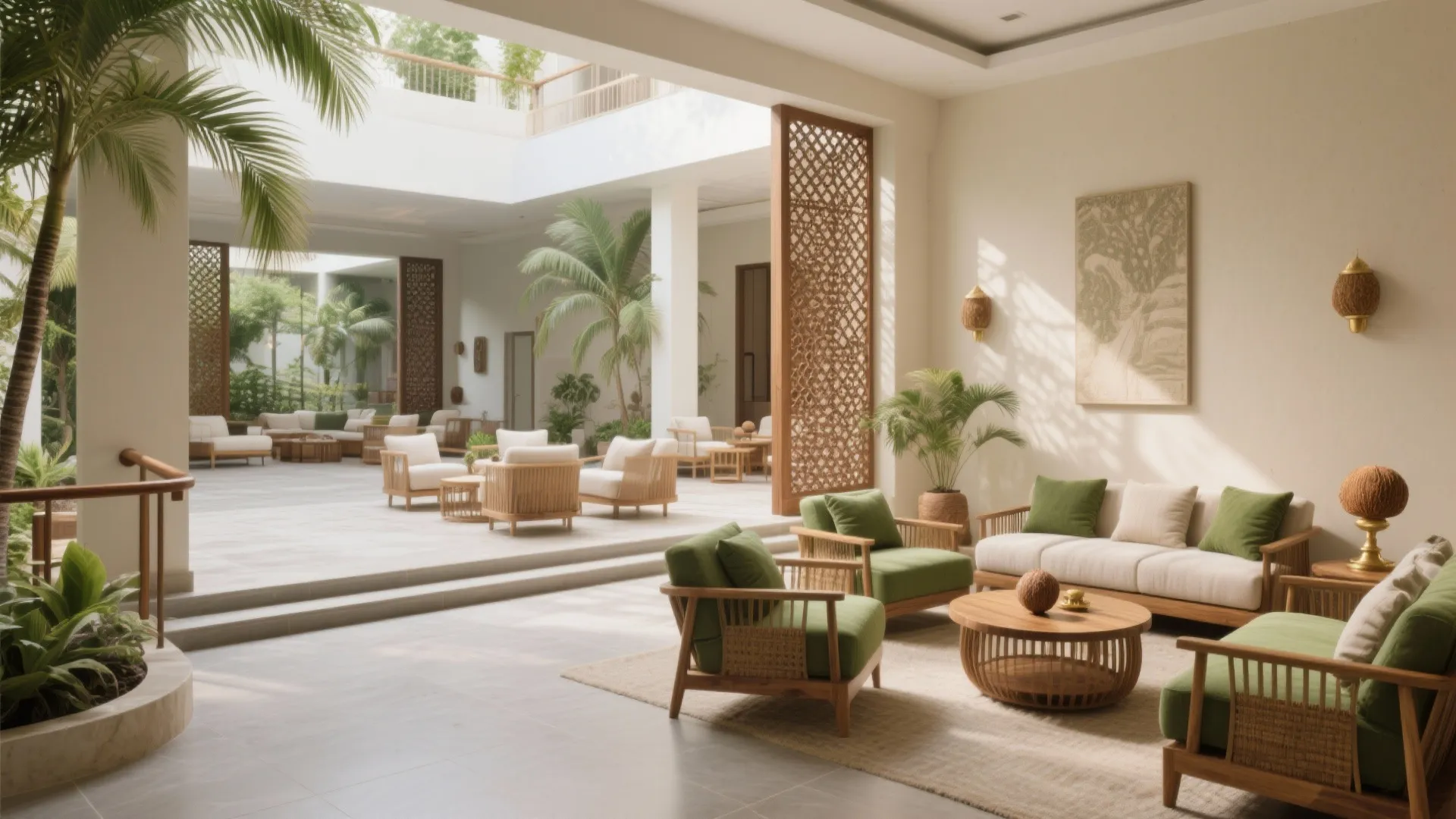 Modern open courtyard living space with green sofas wooden coffee tables palm trees and natural light