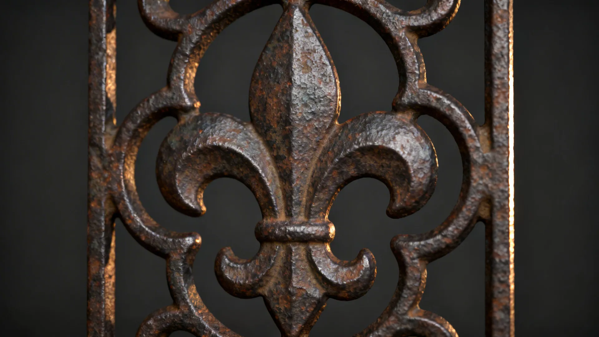 Macro of a cast-iron fleur de lis trivet with rich patina and textured surface.