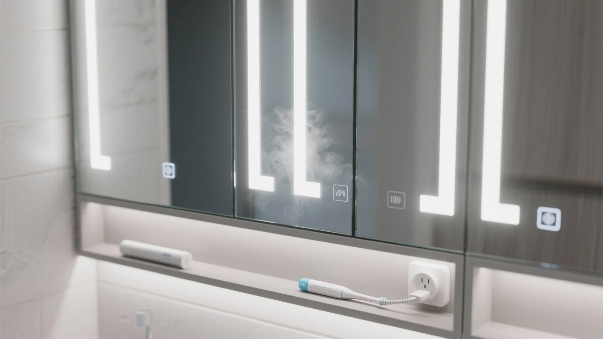 Modern bathroom cabinet with integrated light strips power outlet charging a white electric tooth brush daily