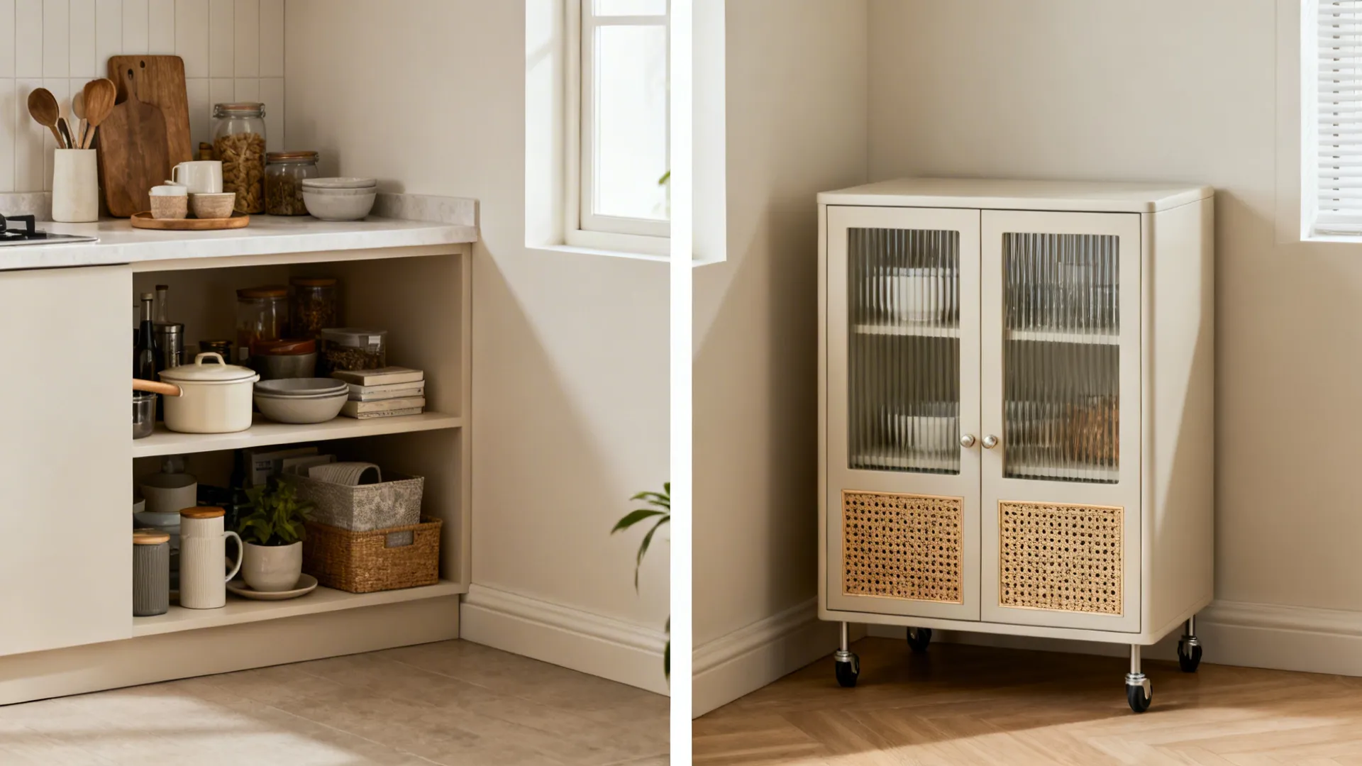 Before-and-after of a compact kitchen corner improved by a closed cabinet trolley.