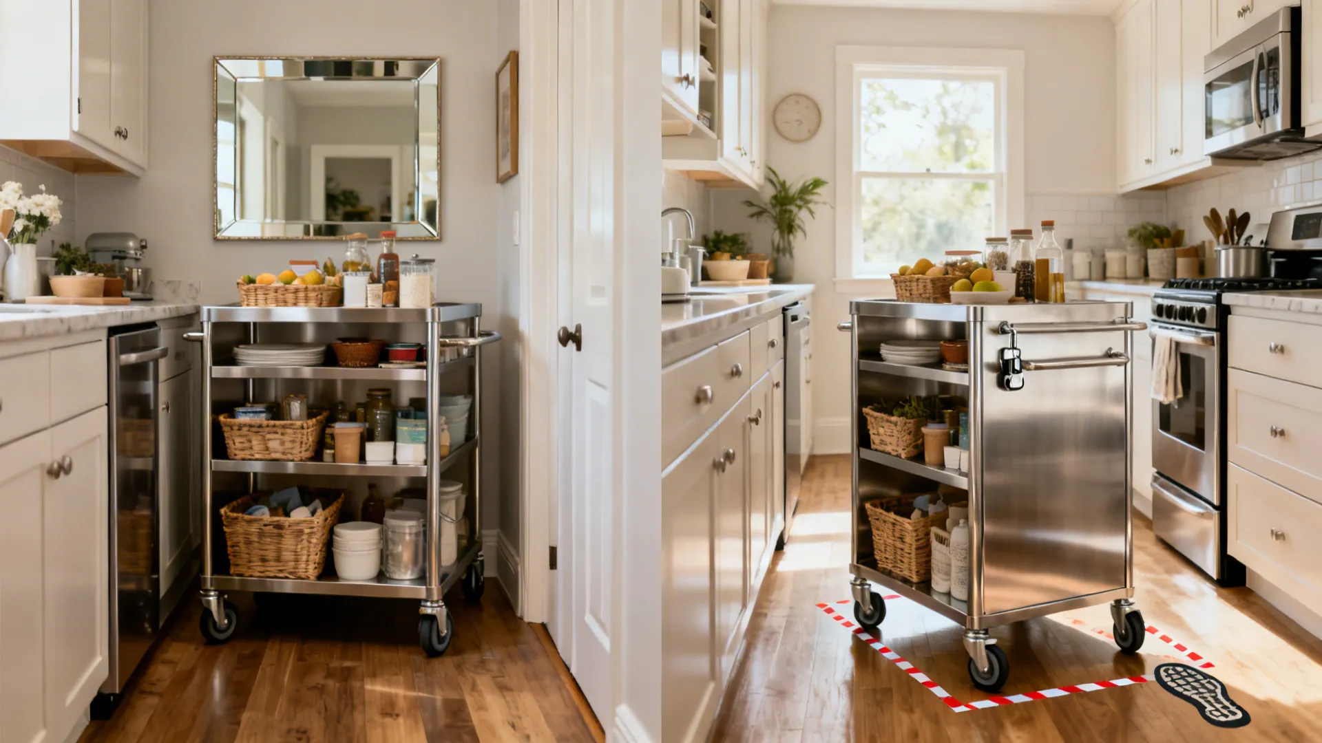 Comparison of a metal kitchen cart positioned against a wall and moved into open floor space