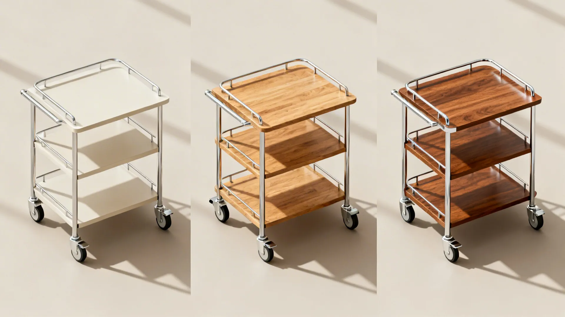 Flat lay of laminate and light metal, solid wood with upgraded casters, and premium hardwood with stainless.