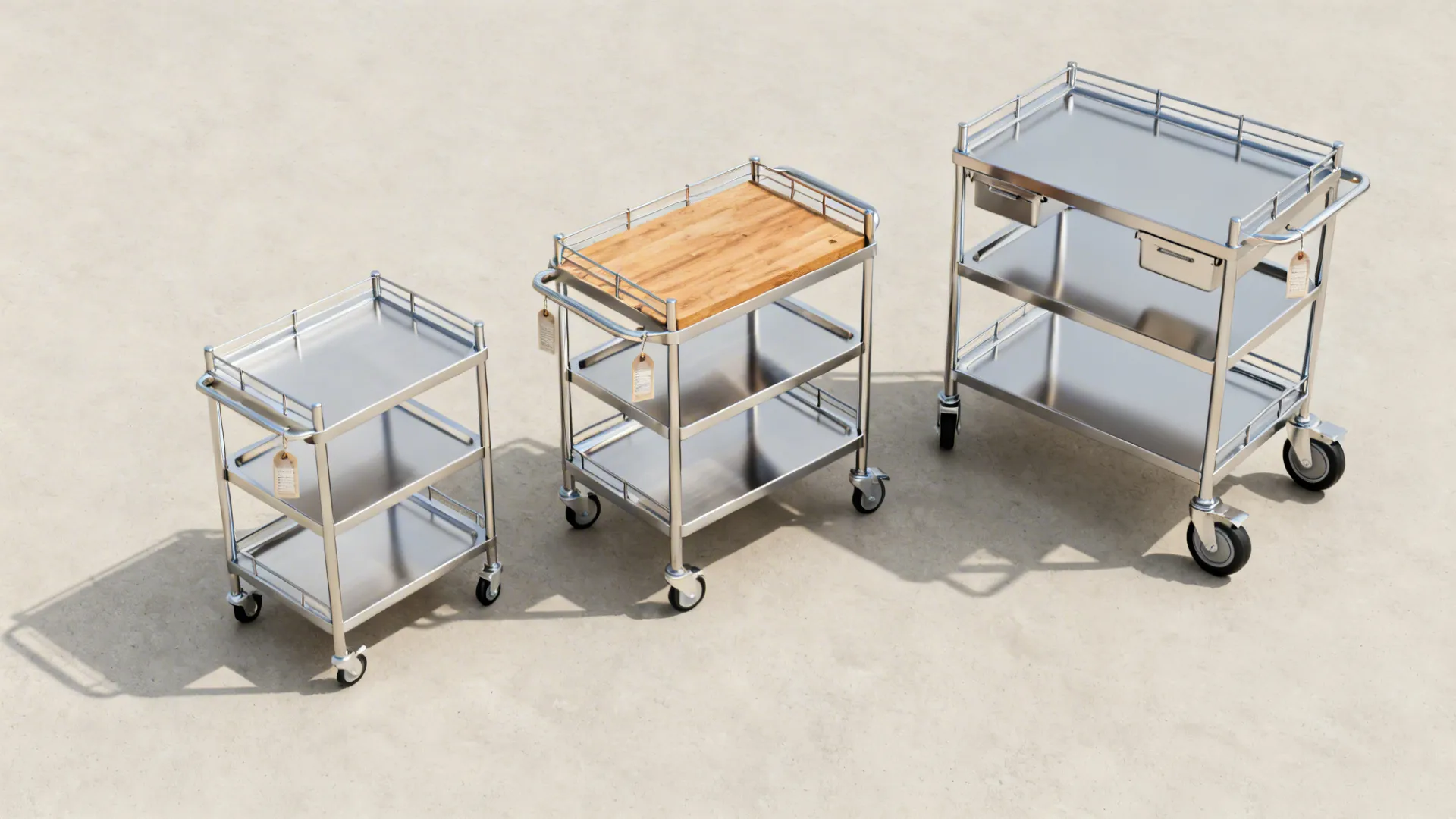 Three stainless steel kitchen carts with wheels and shelves placed on a light colored floor