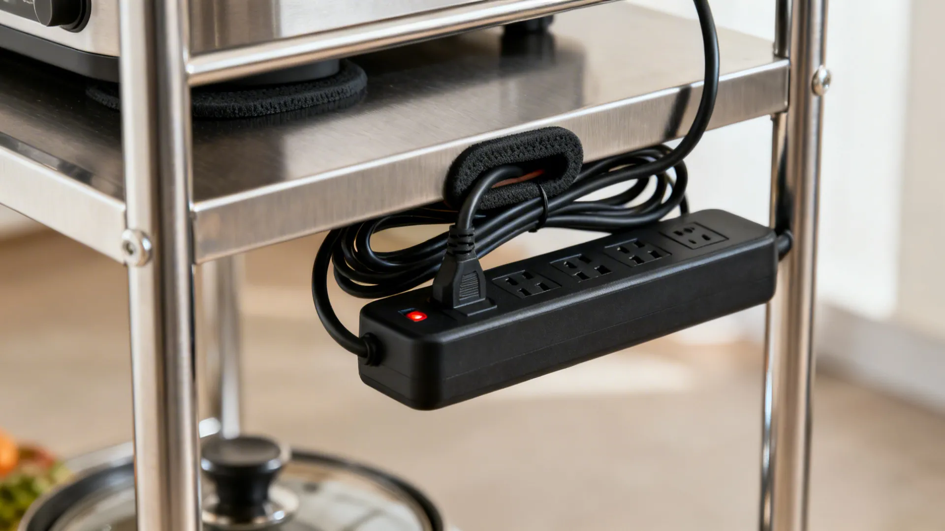 Macro of trolley cable management with mounted power strip and grommeted cords.