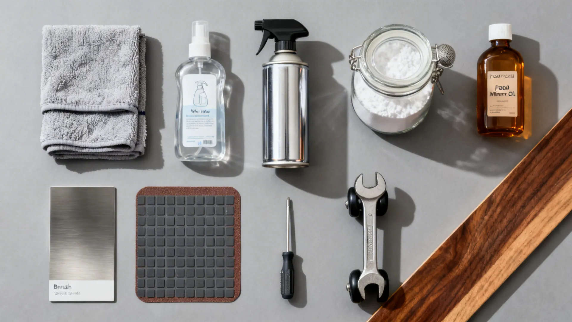 Flat lay showing cleaning supplies, spray bottles, a screwdriver, a wrench, and wood floor board