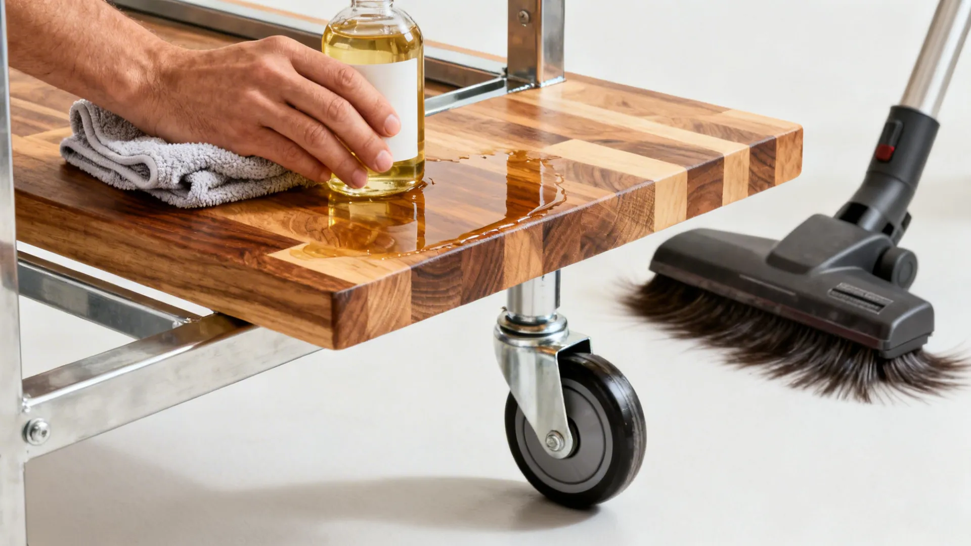 Close-up views of oiling butcher-block, drying a metal frame, and cleaning a trolley caster.