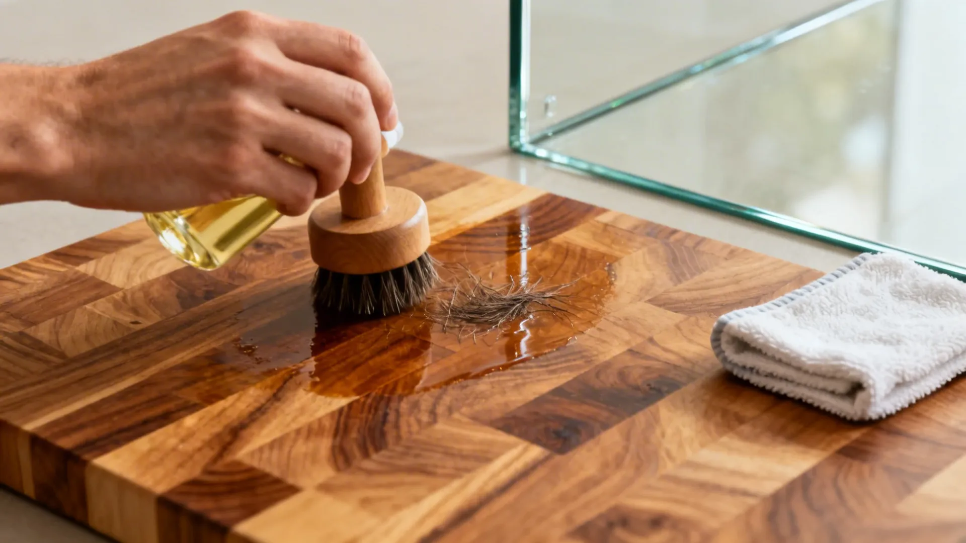 Macro of oiling a wood top, wiping glass with microfiber, and cleaning a caster.