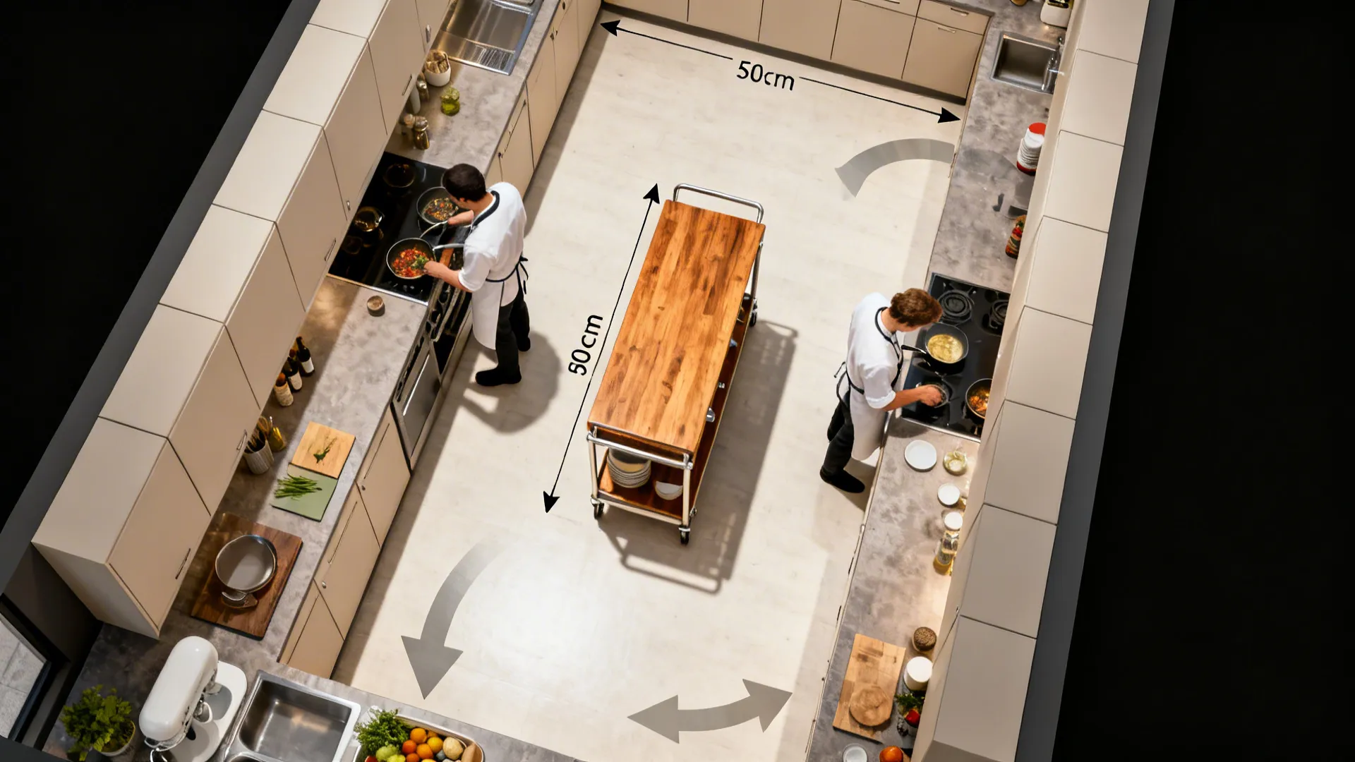 Top-down kitchen plan showing a trolley with ample aisle clearances and aligned heights.