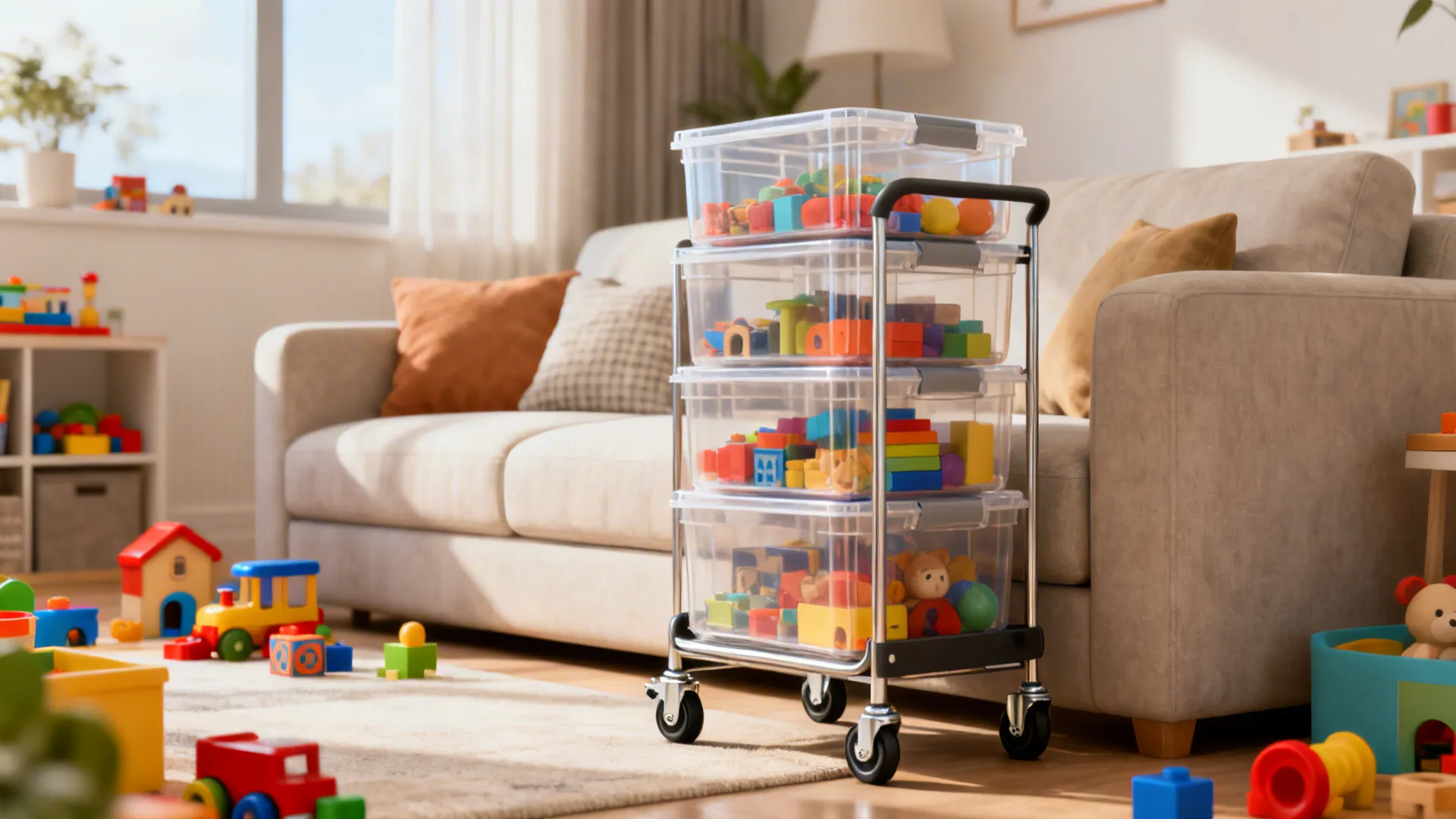 Mobile trolley with transparent stackable bins showing organized toys and locked wheels