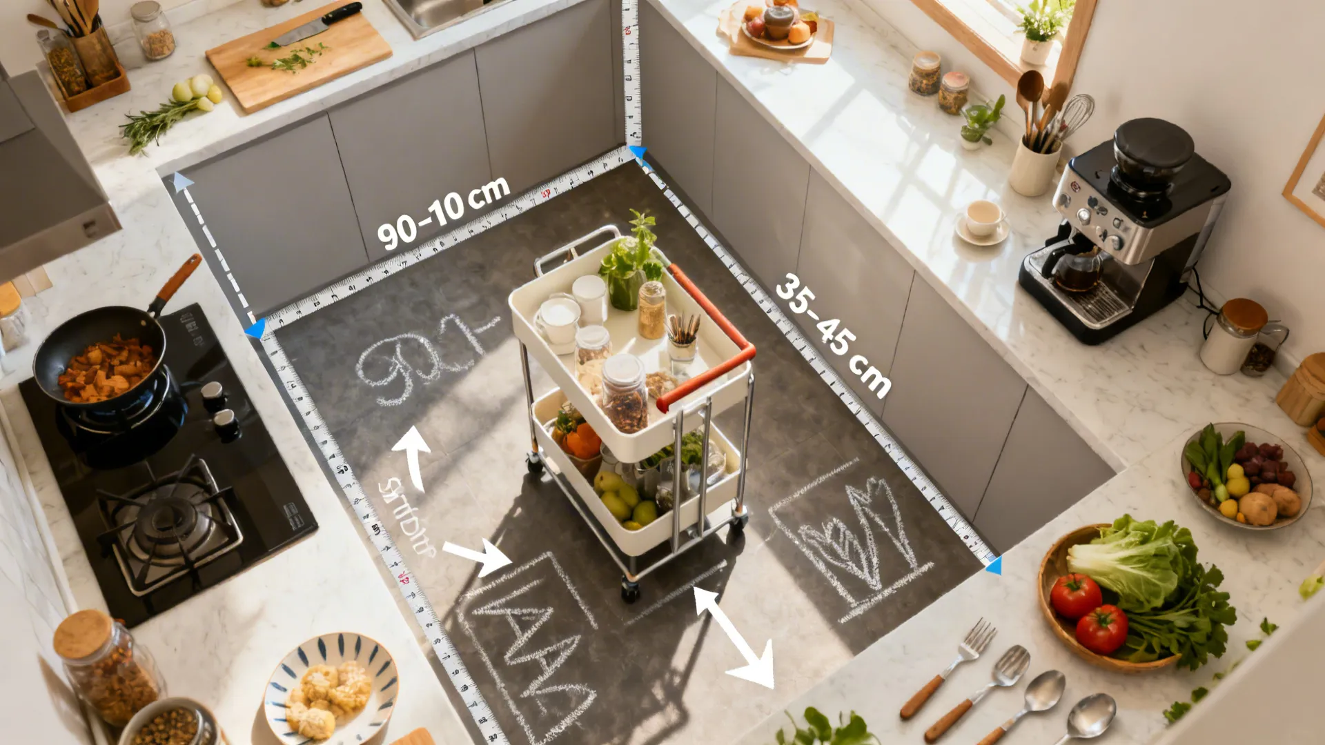Top-down layout showing a slim trolley and clear 90–110 cm aisles in a small kitchen.