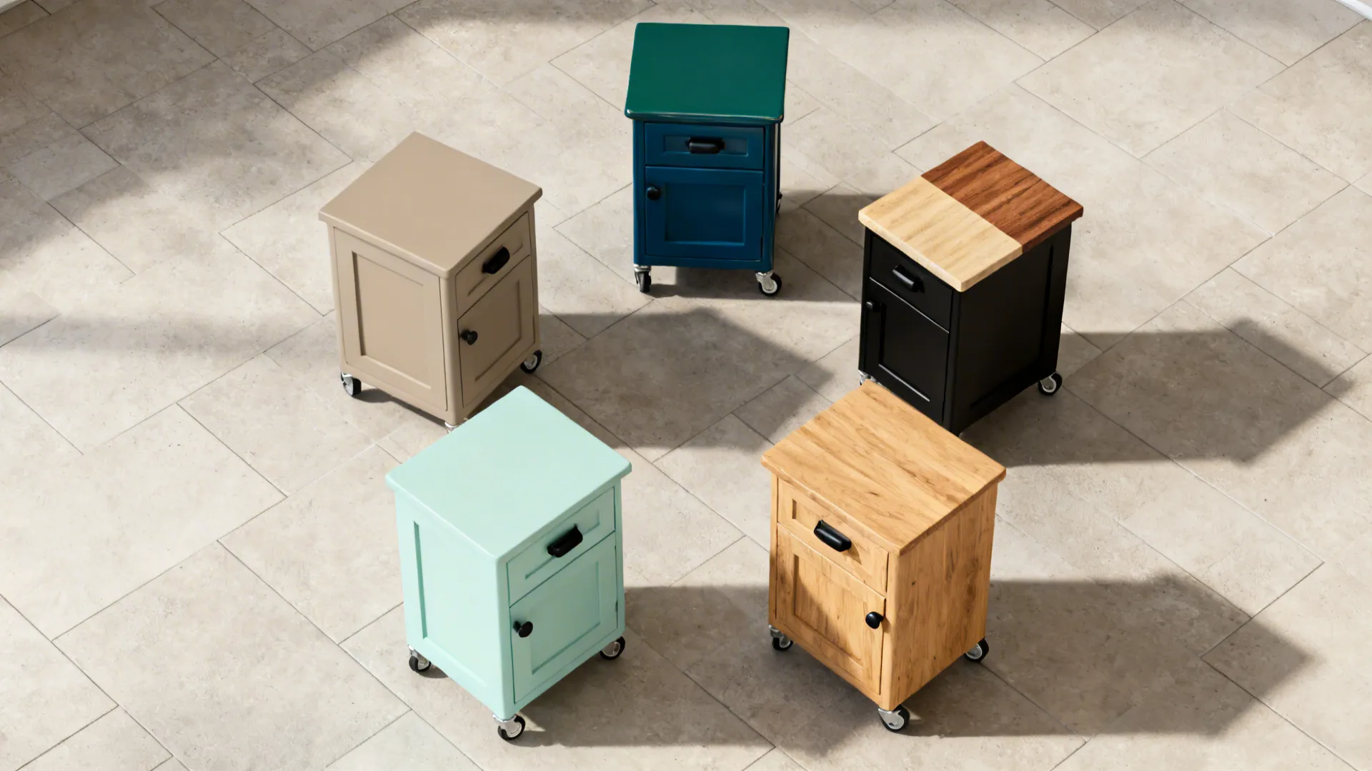 Top-down montage of five trolley color materials arranged around a small kitchen plan.