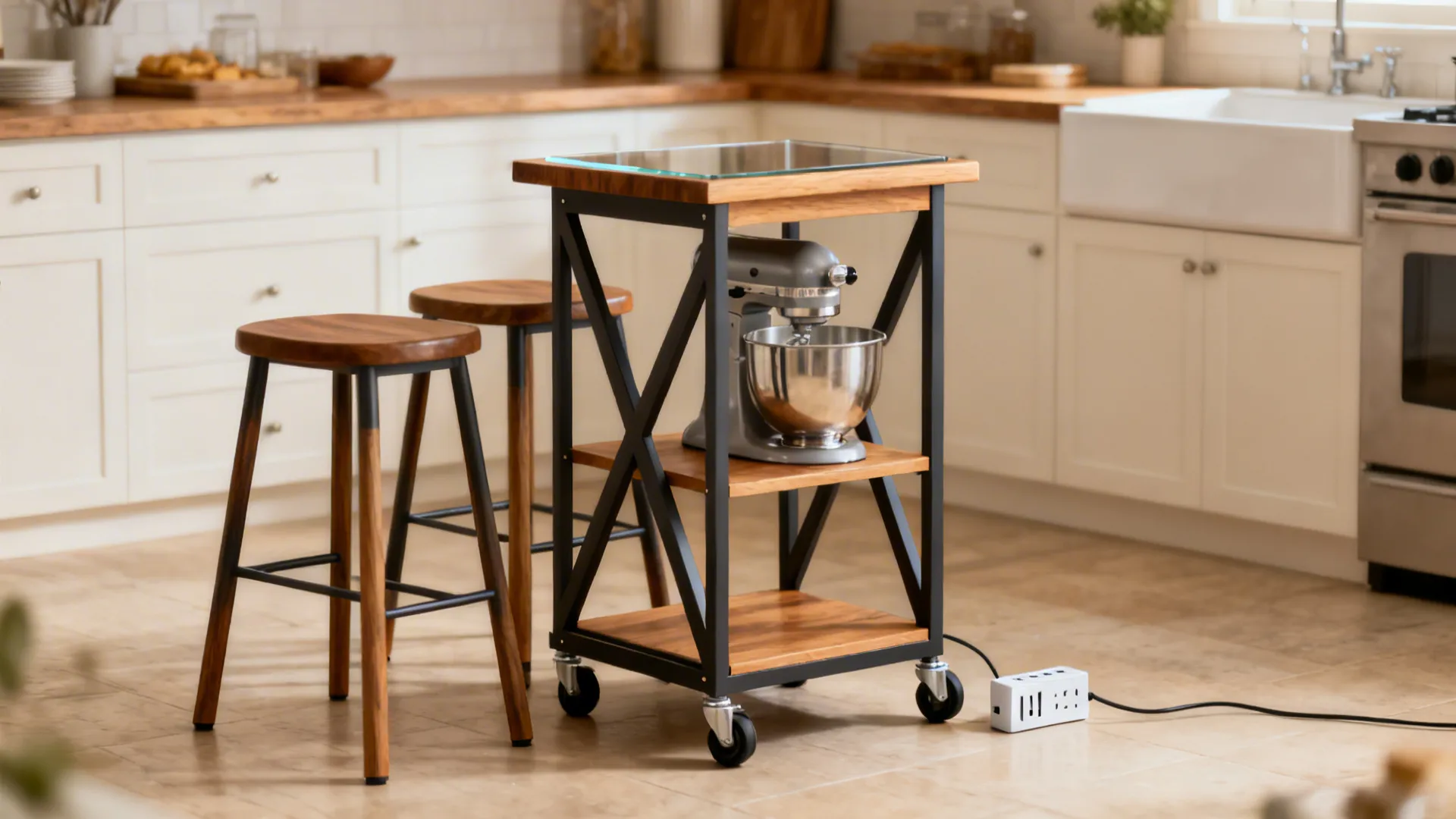 Slim wood-top trolley with locks, cross-braced frame for heavy appliances, and uncluttered surface in a bright studio kitchen.