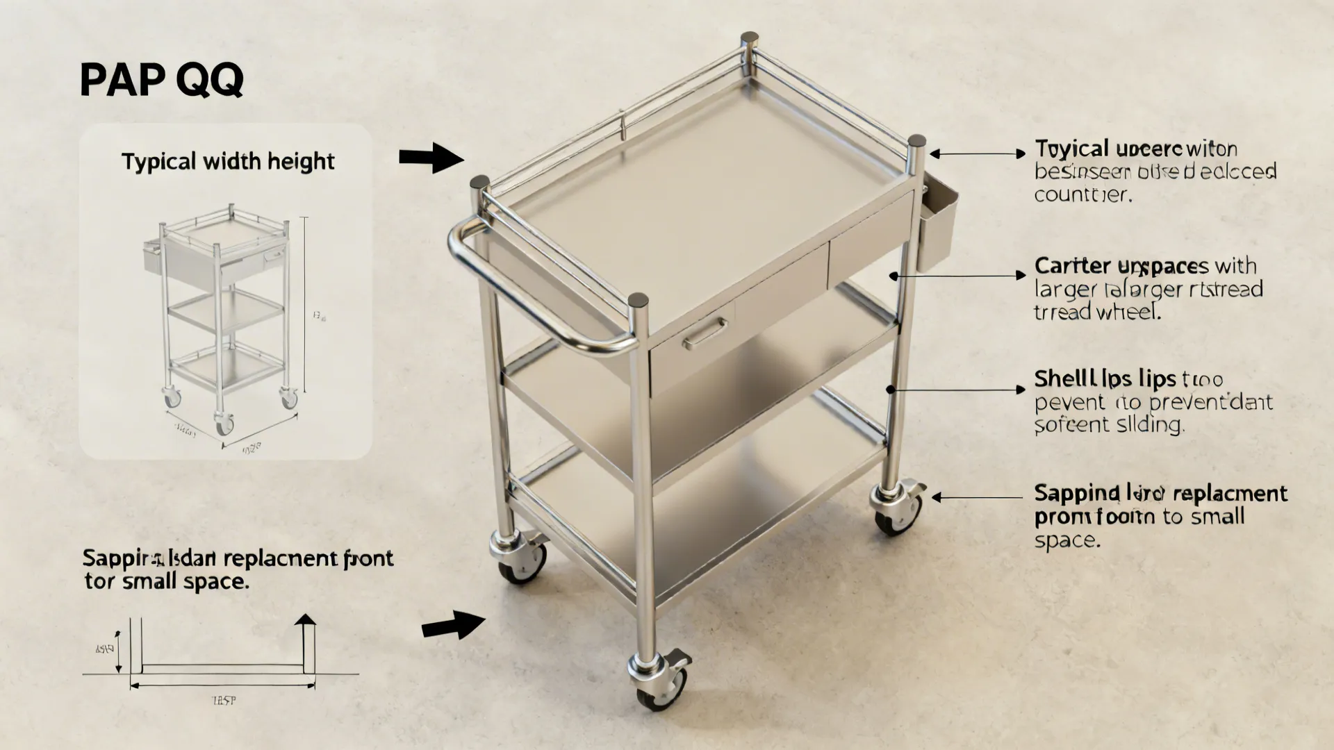Infographic diagram of a stainless steel kitchen cart showing features with labels and black arrows