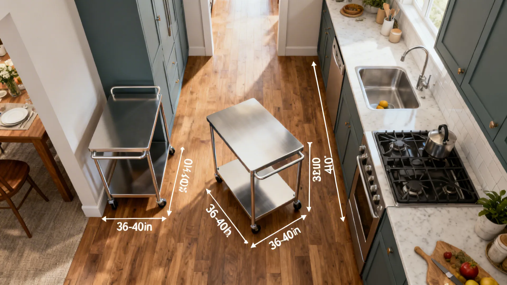 Top view of kitchen floor showing two steel carts with white measurement lines and labels
